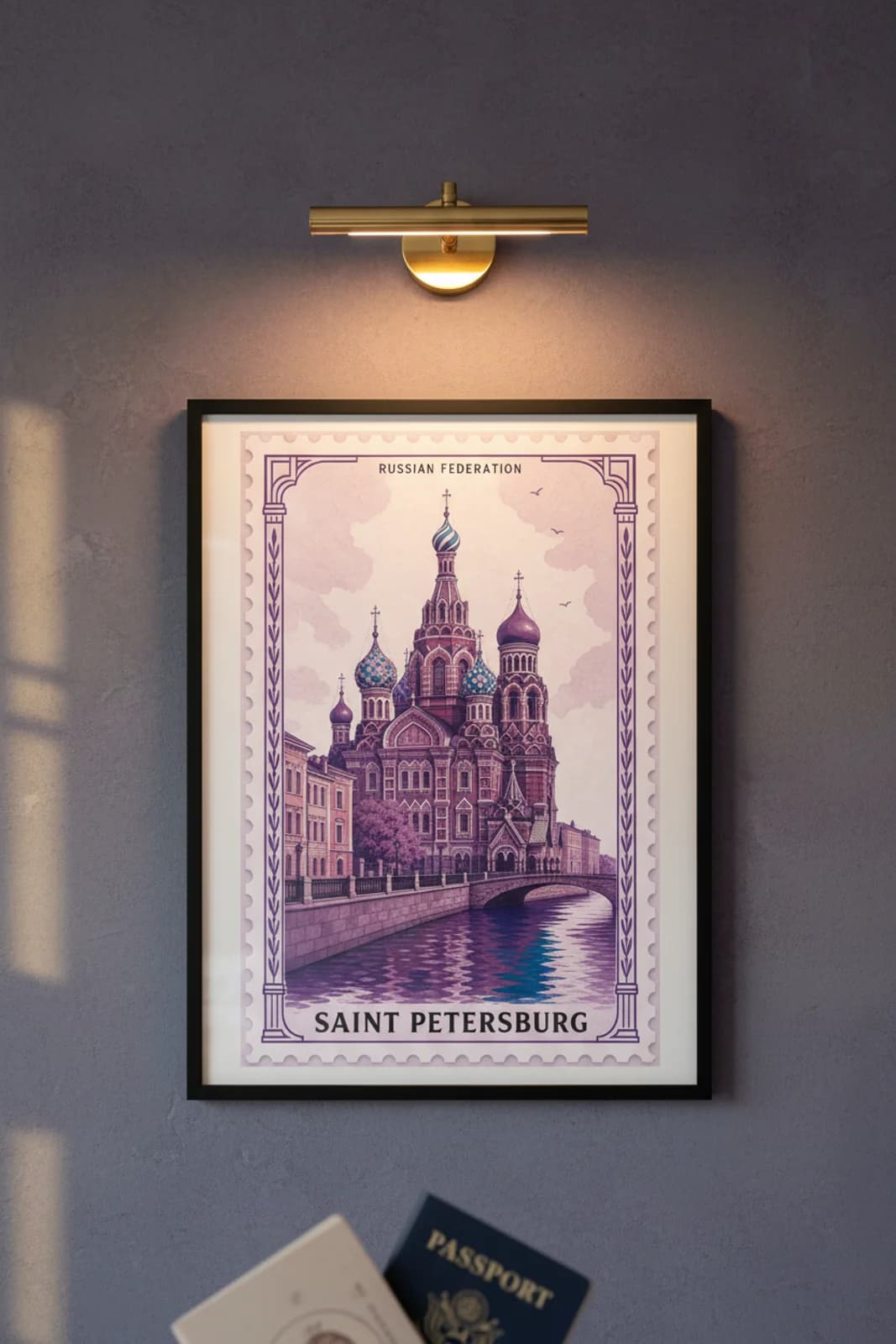 Saint Petersburg city stamp print in black A2 frame on wcs-europe-0969 postage-indigo wall — City Stamps mockup