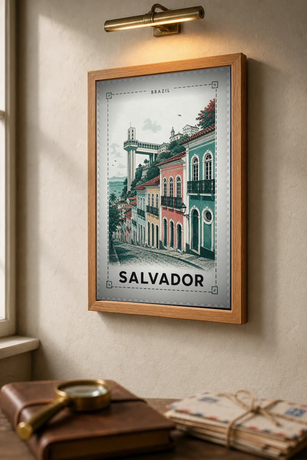 Salvador City Stamp Poster — Brazil travel wall art · illustrated stamp print · framed A2 — the framed print shown at a three-quarter angle on a styled gallery wall in a natural-oak frame