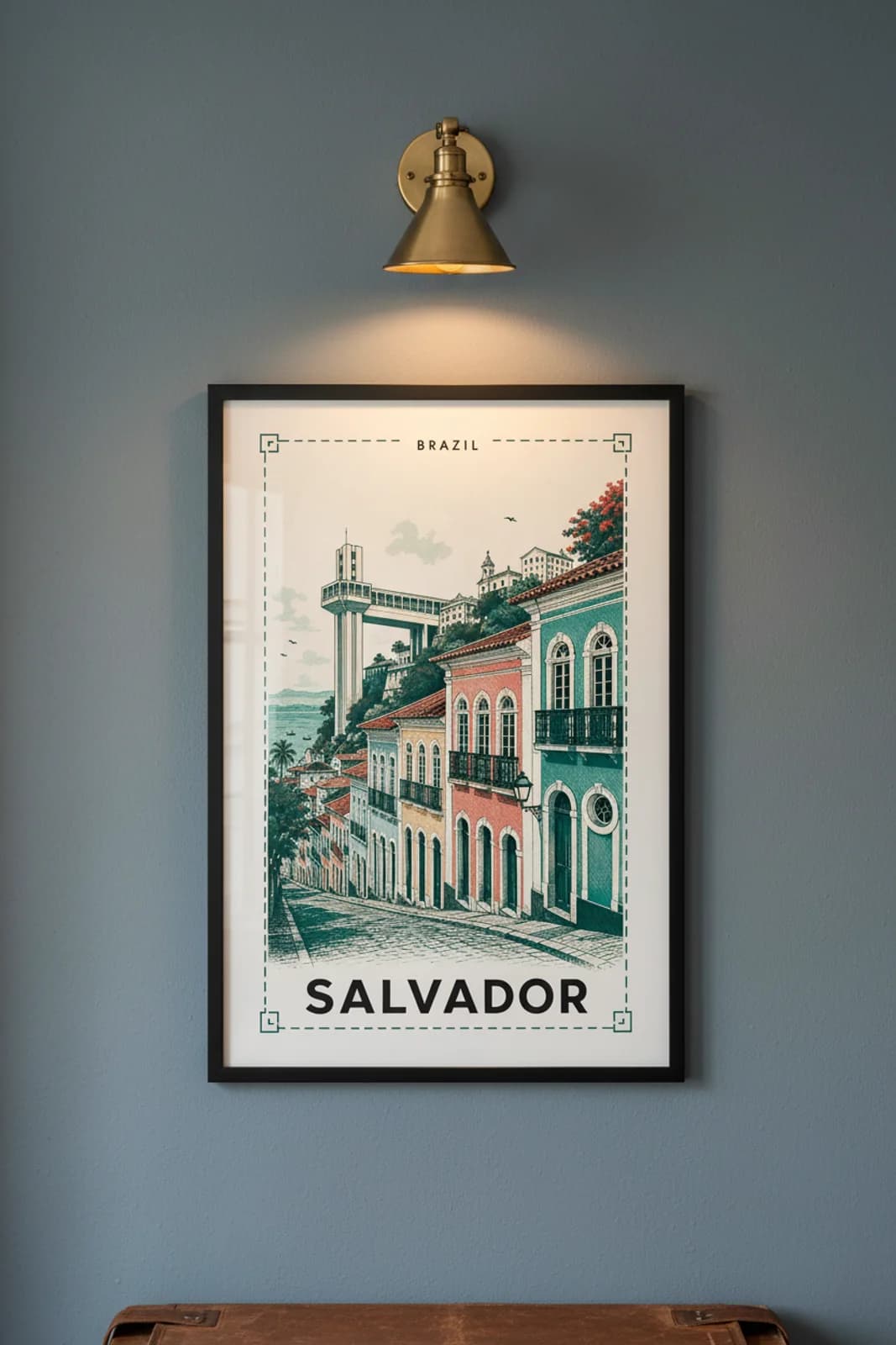 Salvador city stamp print in black A2 frame on wcs-americas-2284 postage-indigo wall — City Stamps mockup