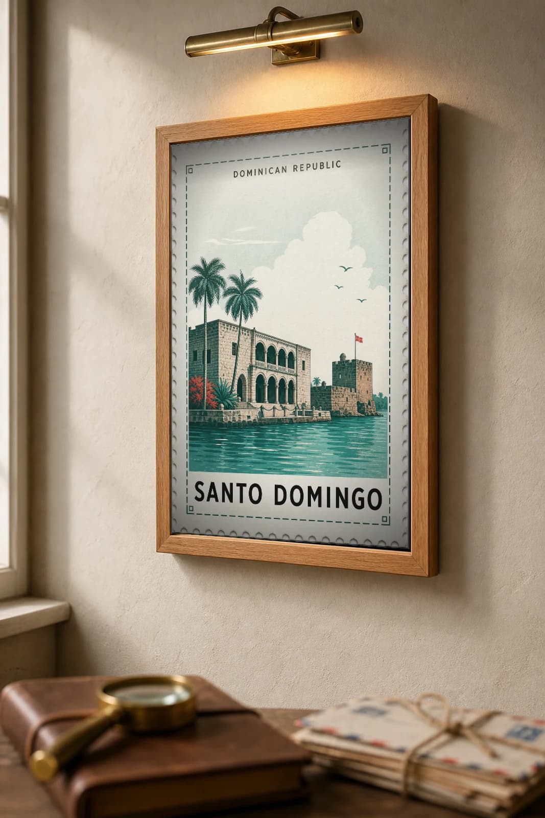 Santo Domingo City Stamp Poster — Dominican Republic travel wall art · illustrated stamp print · framed A2 — the framed print shown at a three-quarter angle on a styled gallery wall in a natural-oak frame