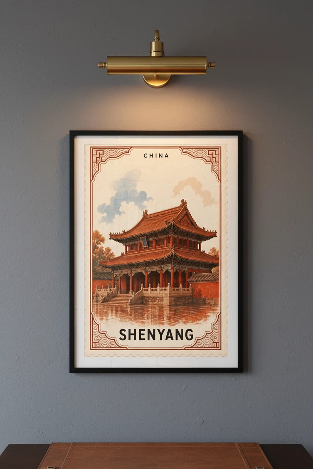 Shenyang city stamp print in black A2 frame on wcs-asia-0313 postage-indigo wall — City Stamps mockup
