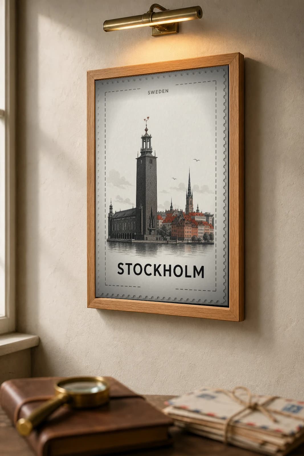Stockholm City Stamp Poster — Sweden travel wall art · illustrated stamp print · framed A2 — the framed print shown at a three-quarter angle on a styled gallery wall in a natural-oak frame