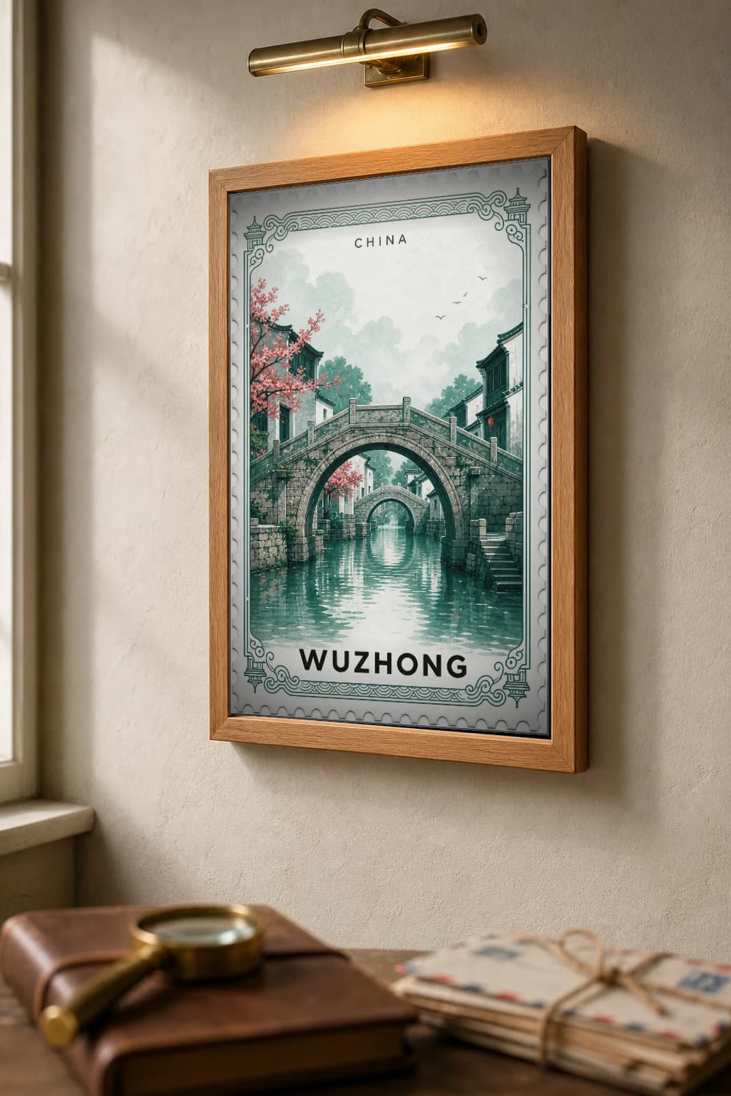 Wuzhong City Stamp Poster — China travel wall art · illustrated stamp print · framed A2 — the framed print shown at a three-quarter angle on a styled gallery wall in a natural-oak frame