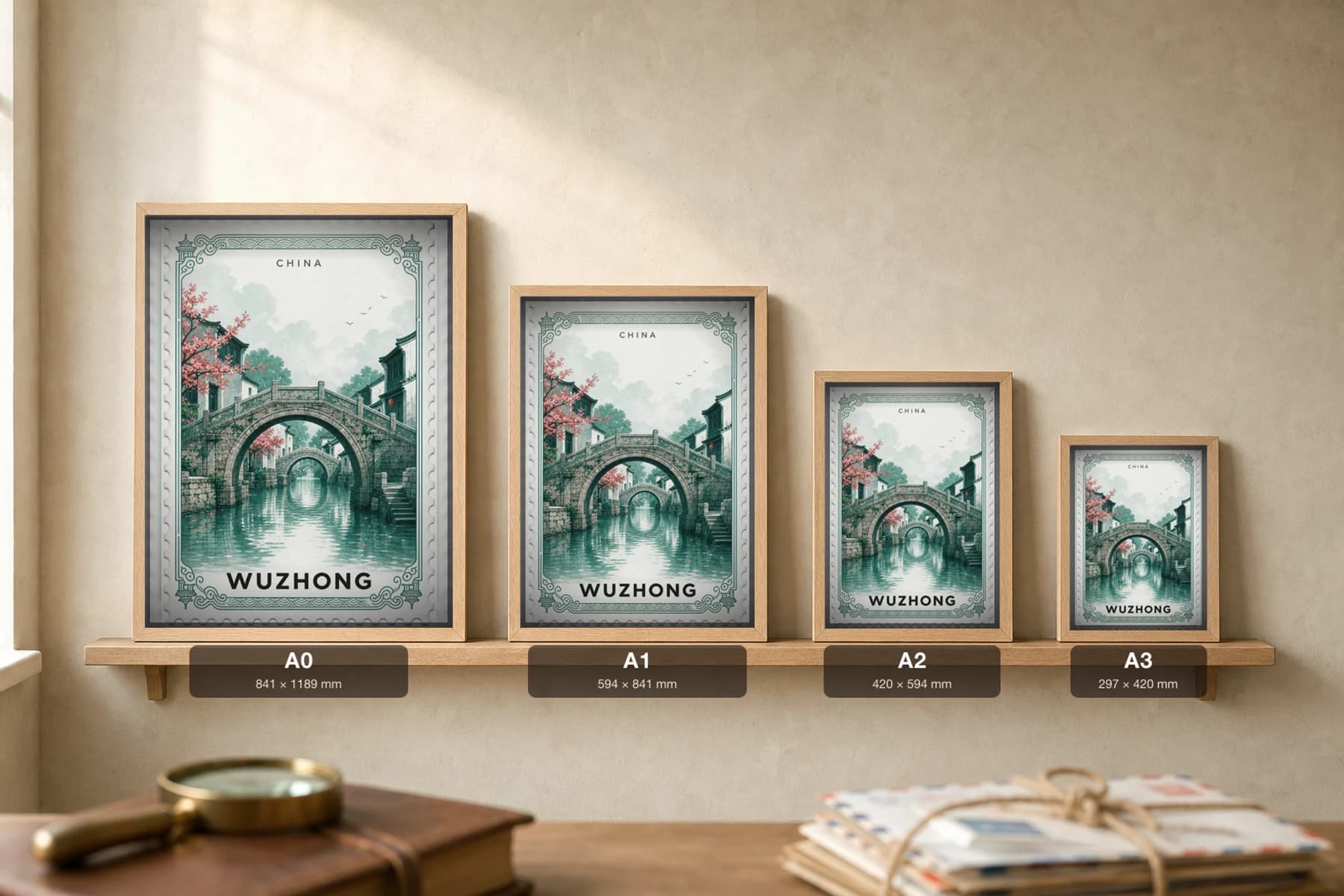 Wuzhong City Stamp Poster — China travel wall art · illustrated stamp print · framed A2 — print size guide showing the artwork at A0, A1, A2 and A3 in natural-oak frames at true relative scale