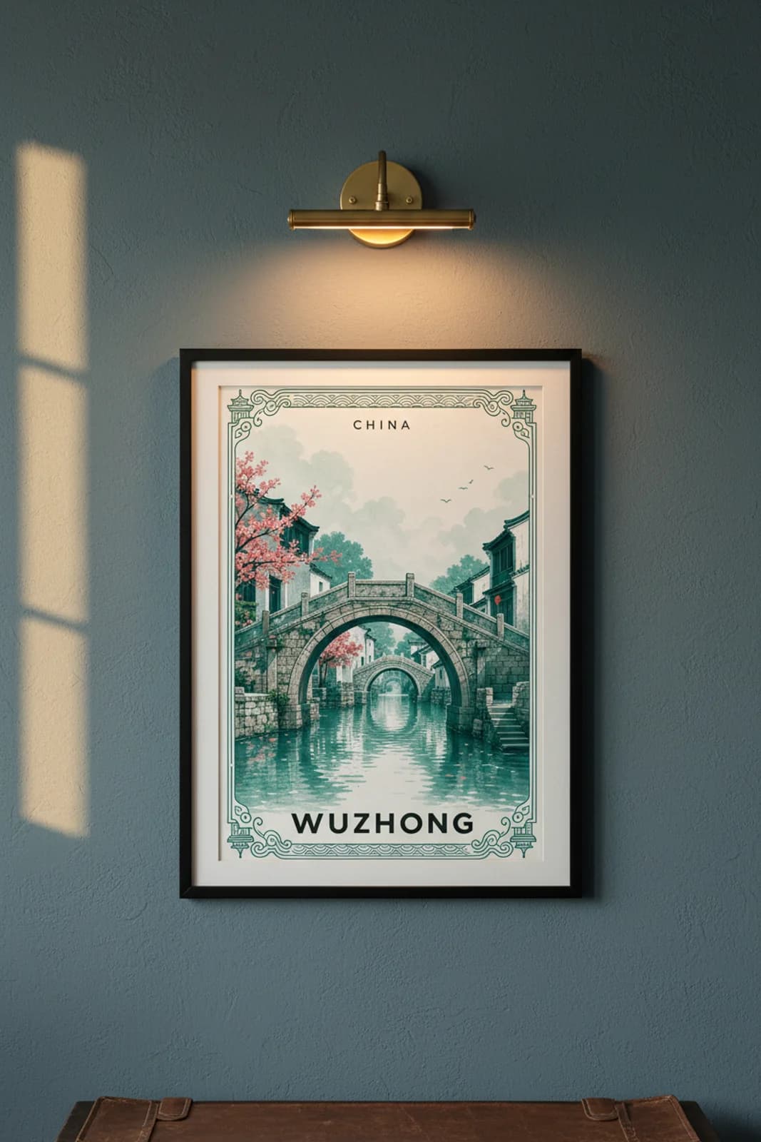 Wuzhong city stamp print in black A2 frame on wcs-asia-5335 postage-indigo wall — City Stamps mockup