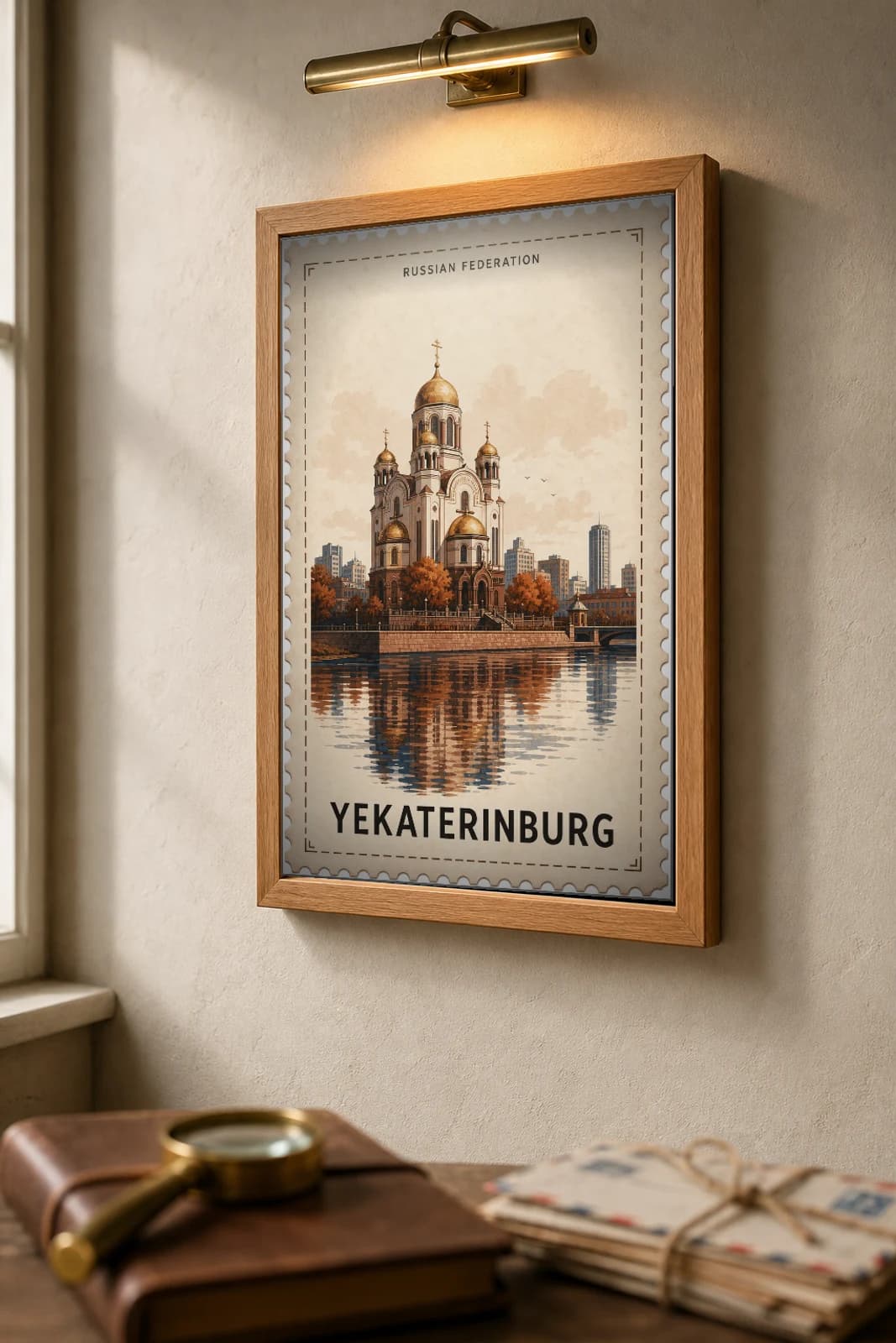 Yekaterinburg City Stamp Poster — Russian Federation travel wall art · illustrated stamp print · framed A2 — the framed print shown at a three-quarter angle on a styled gallery wall in a natural-oak frame