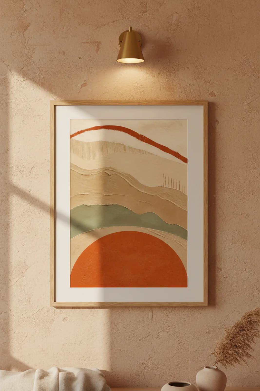 Terracotta Sun Disc earthy minimalist print in natural_oak A2 frame on terracotta-red clay wall — Earthy Minimalism mockup