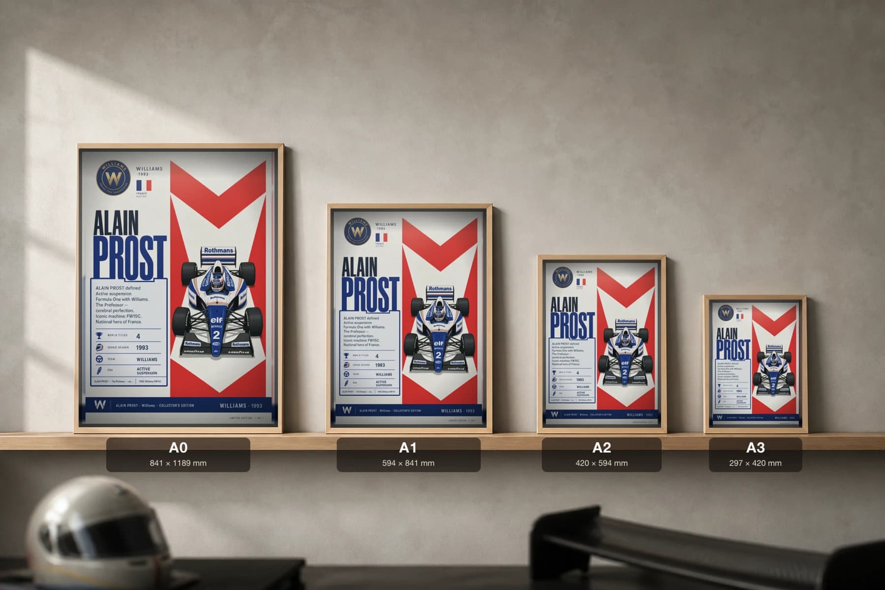 Alain Prost Poster — 1993 Williams FW15C Active Suspension F1 Heritage Collector Print — print size guide showing the artwork at A0, A1, A2 and A3 in natural-oak frames at true relative scale