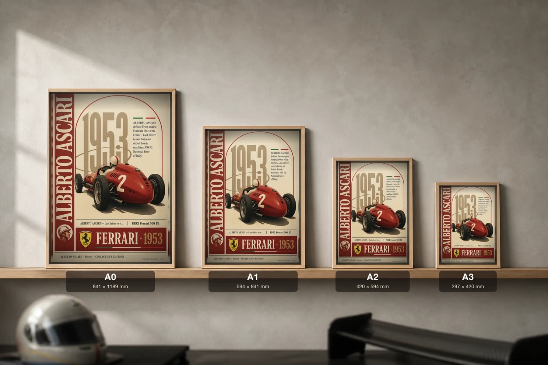 Alberto Ascari Poster — 1953 500 F2 Front-engine F1 Heritage Collector Print — print size guide showing the artwork at A0, A1, A2 and A3 in natural-oak frames at true relative scale