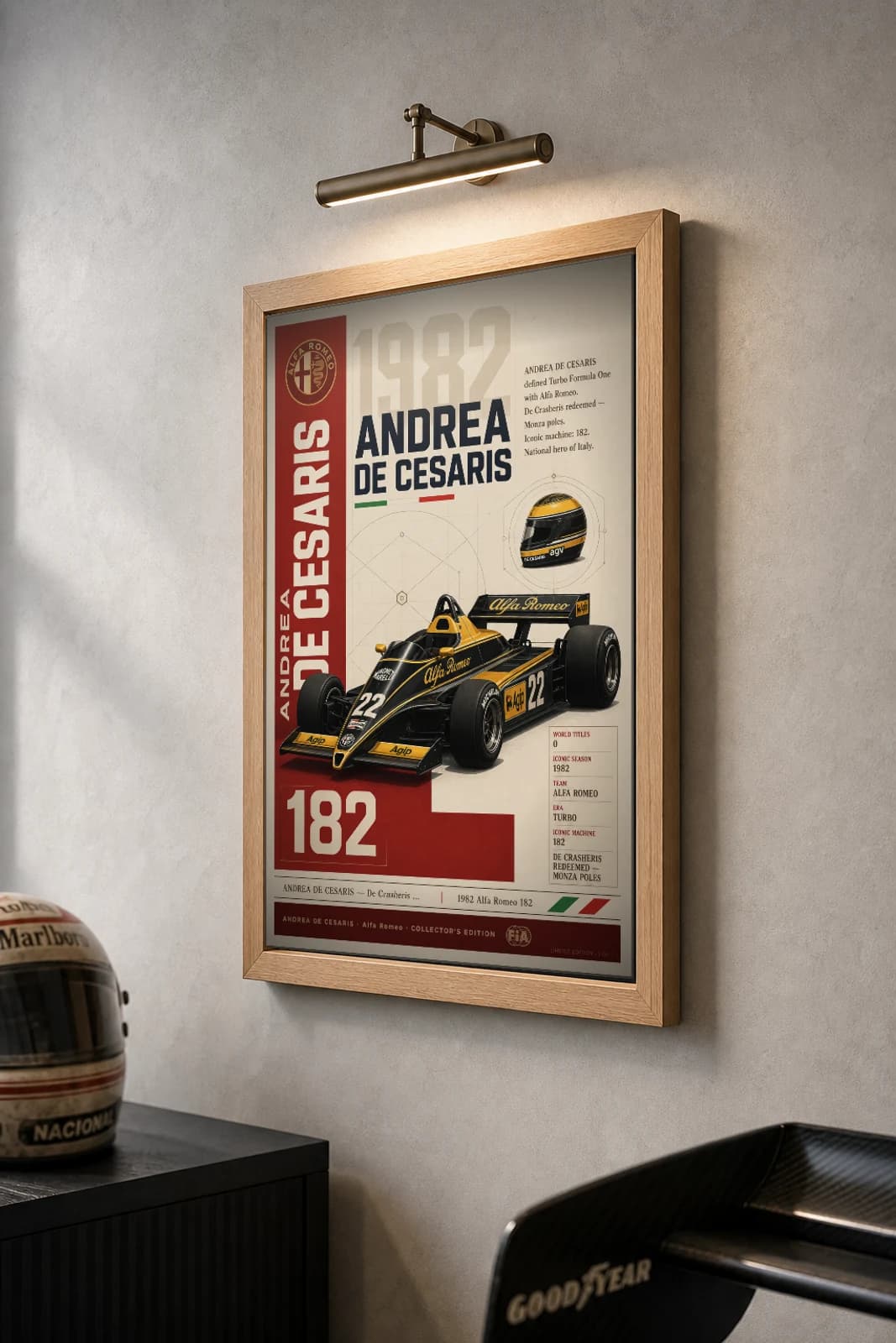 Andrea de Cesaris Poster — 1982 Alfa Romeo 182 Turbo F1 Heritage Collector Print — the framed print shown at a three-quarter angle on a styled gallery wall in a natural-oak frame
