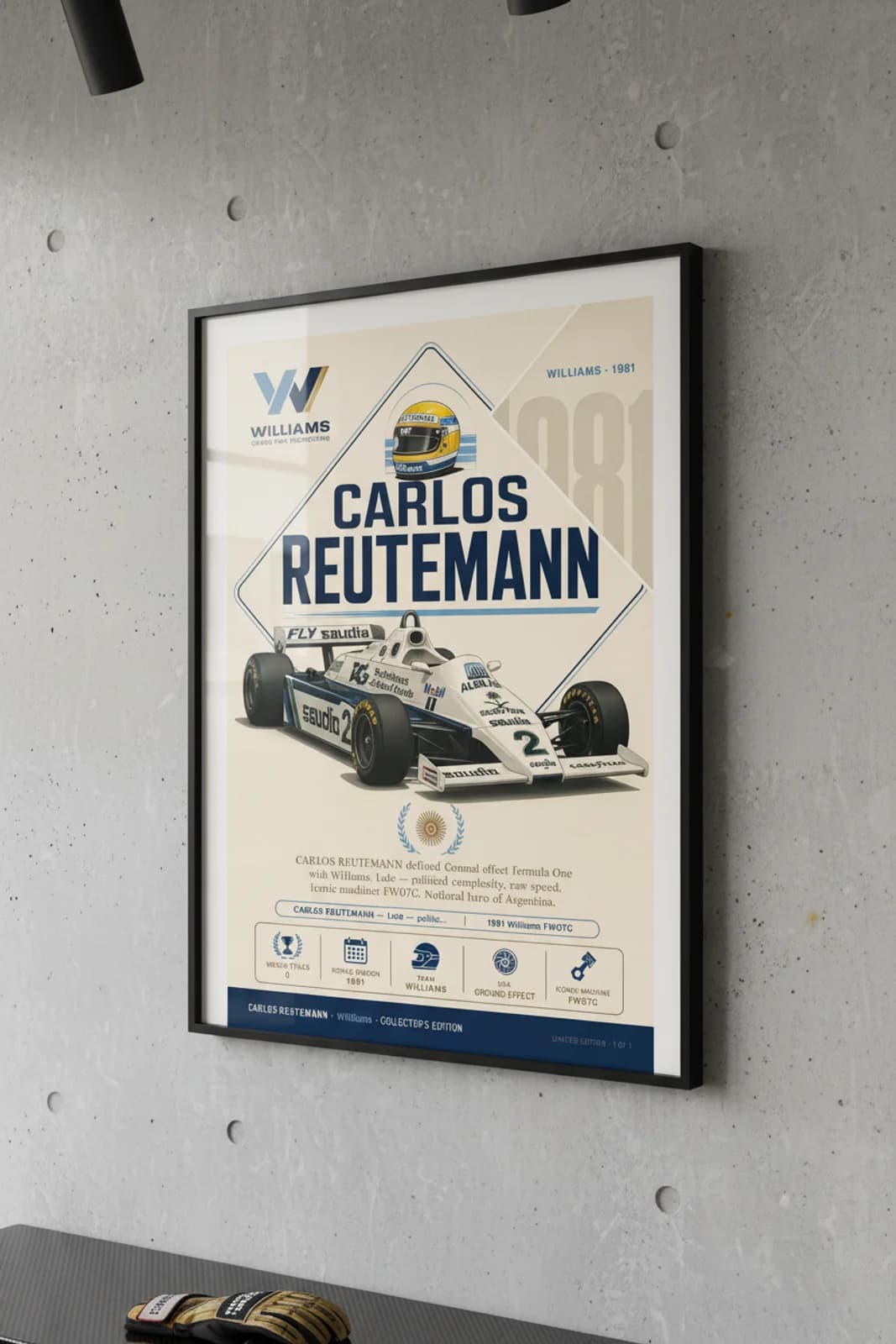 Carlos Reutemann poster in black A2 frame on williams-white-blue-green polished concrete wall — F1 heritage collector mockup