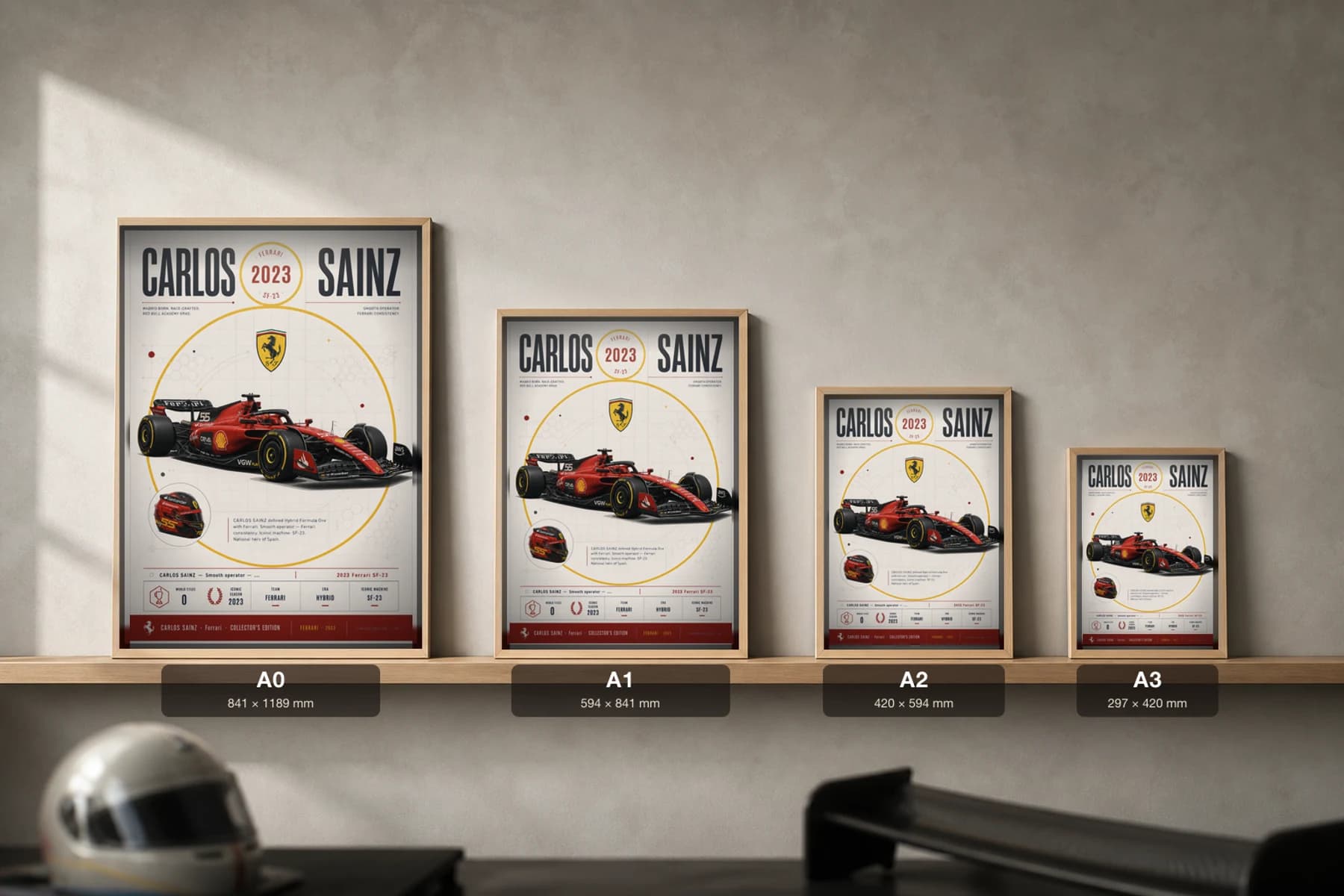 Carlos Sainz Poster — 2023 Ferrari SF-23 Hybrid F1 Heritage Collector Print — print size guide showing the artwork at A0, A1, A2 and A3 in natural-oak frames at true relative scale