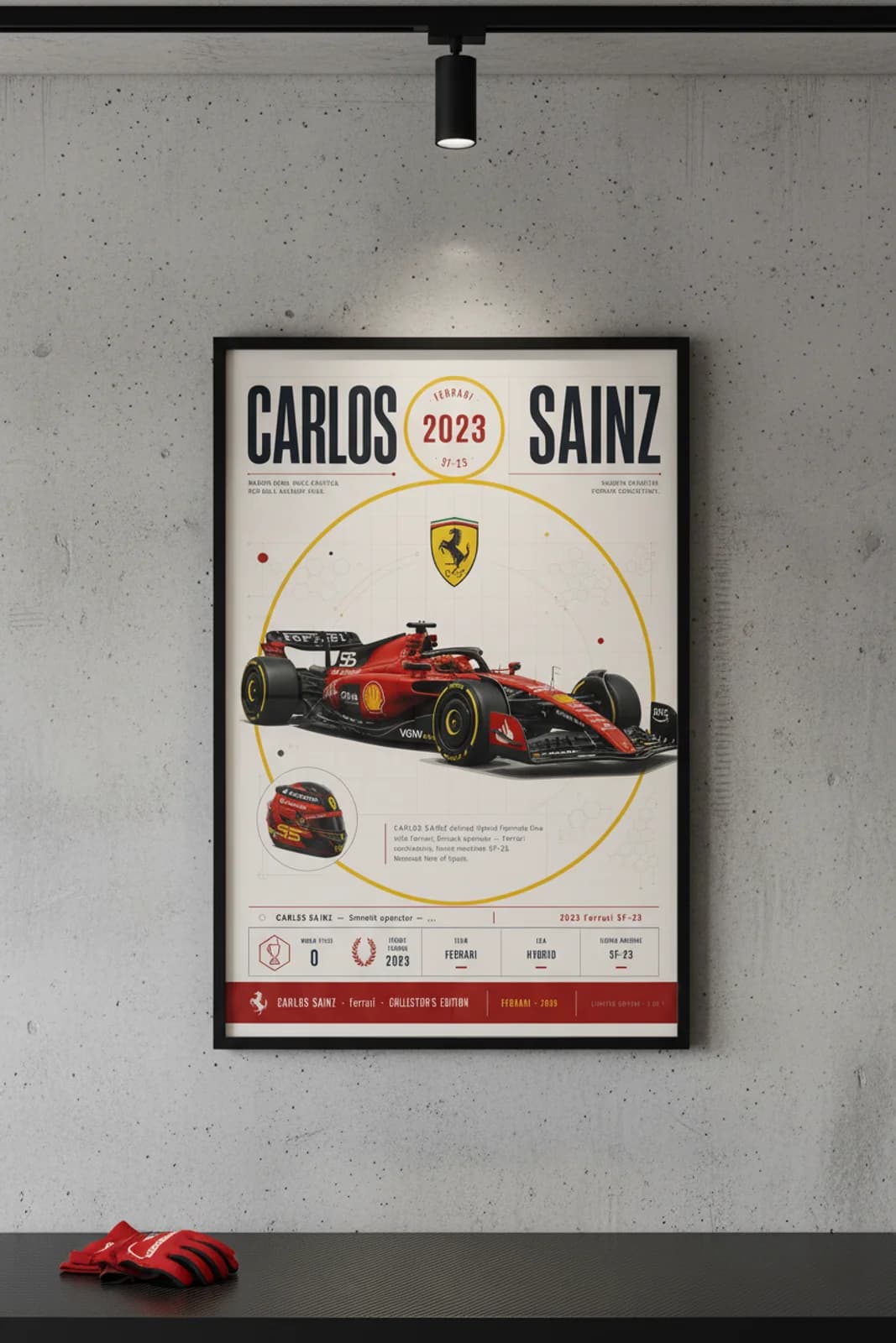 Carlos Sainz poster in black A2 frame on rosso-corsa-red polished concrete wall — F1 heritage collector mockup