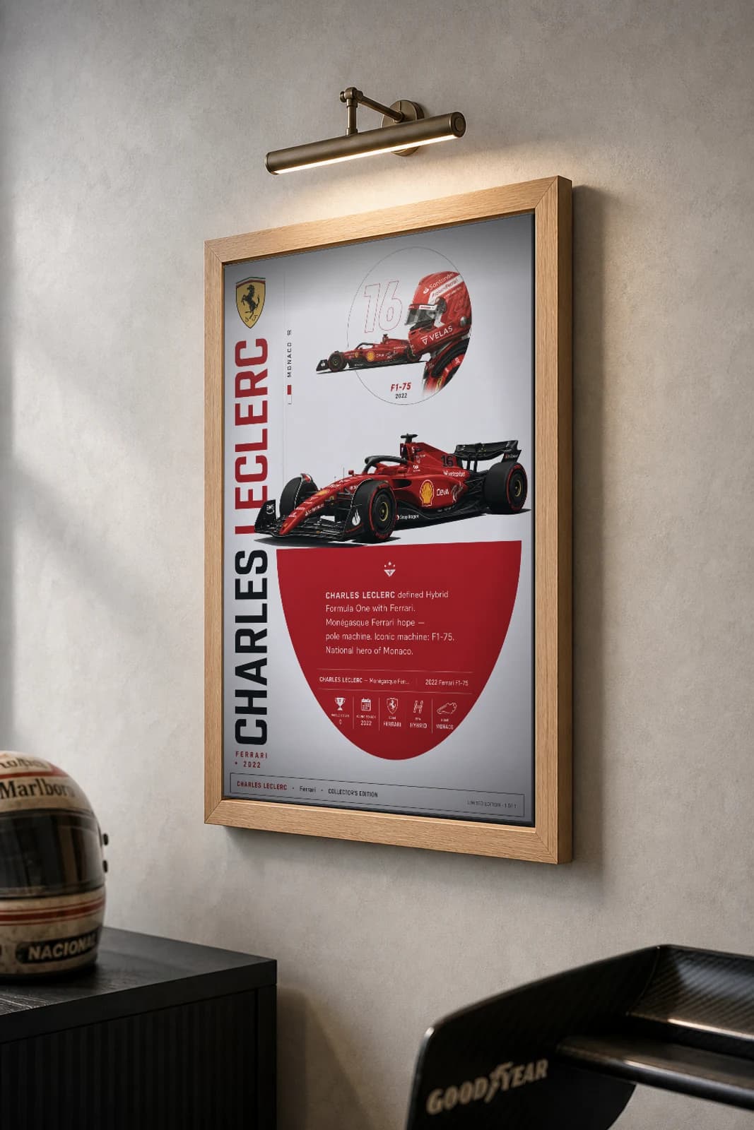 Charles Leclerc Poster — 2022 Ferrari F1-75 Hybrid F1 Heritage Collector Print — the framed print shown at a three-quarter angle on a styled gallery wall in a natural-oak frame