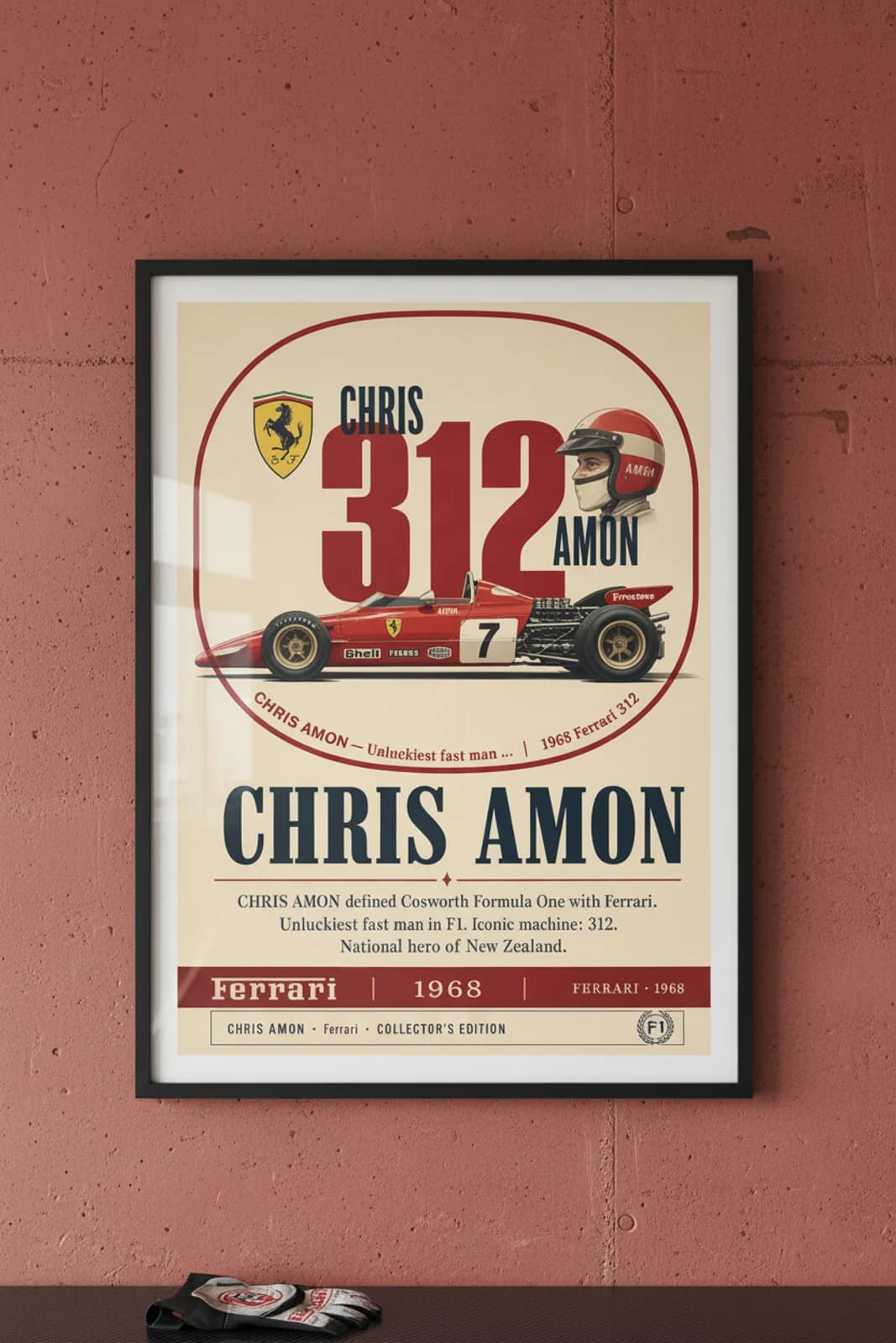 Chris Amon poster in black A2 frame on rosso-corsa-red polished concrete wall — F1 heritage collector mockup
