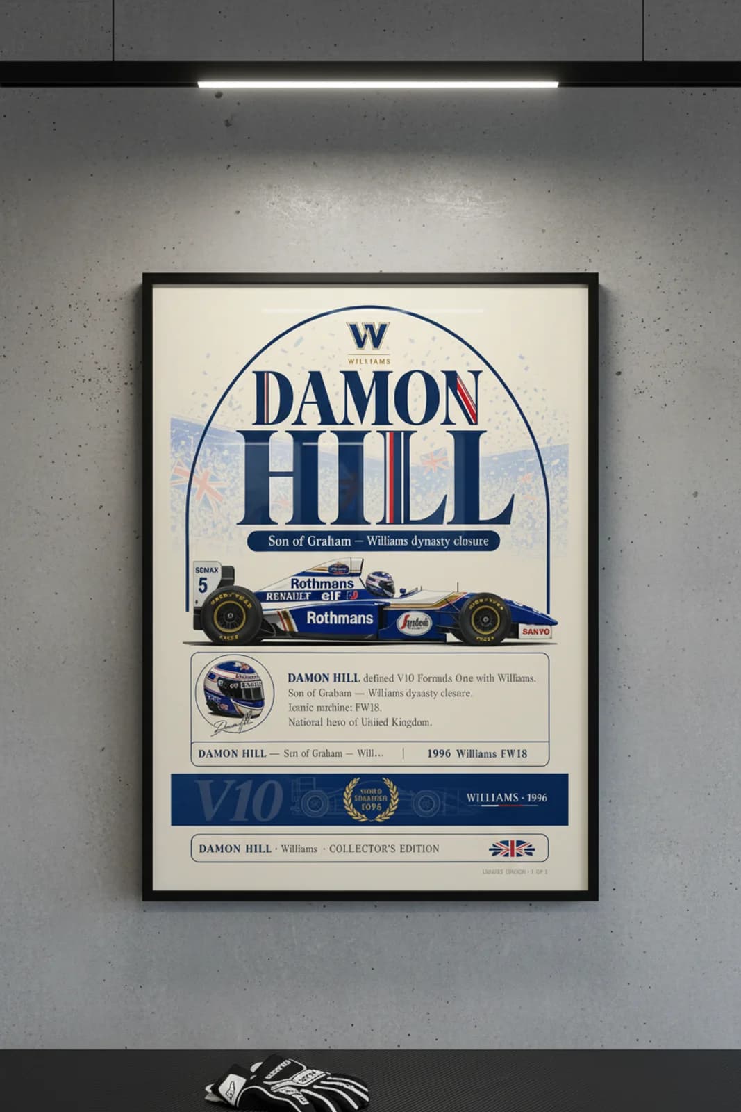 Damon Hill poster in black A2 frame on rothmans-blue polished concrete wall — F1 heritage collector mockup