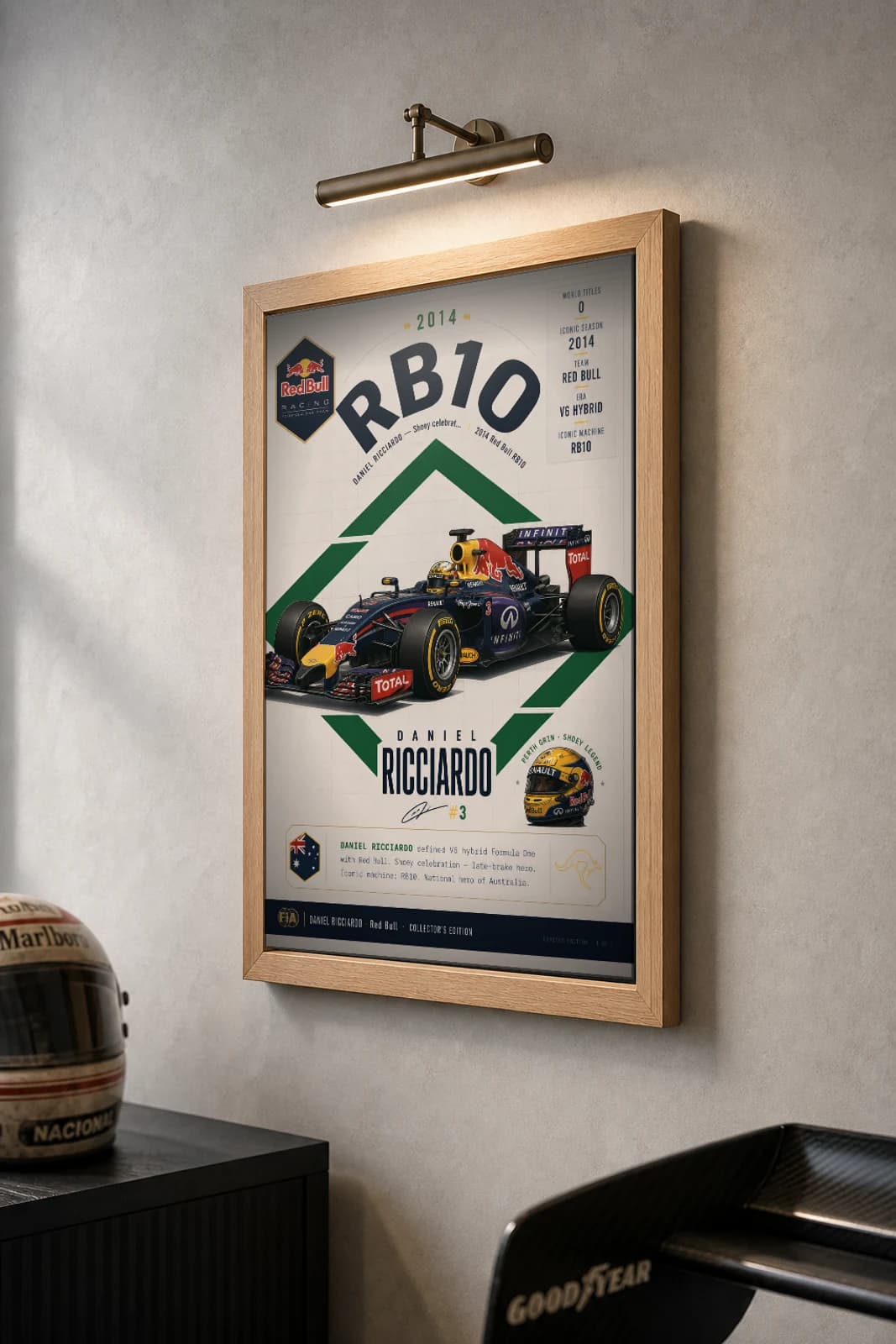 Daniel Ricciardo Poster — 2014 Red Bull RB10 V6 Hybrid F1 Heritage Collector Print — the framed print shown at a three-quarter angle on a styled gallery wall in a natural-oak frame