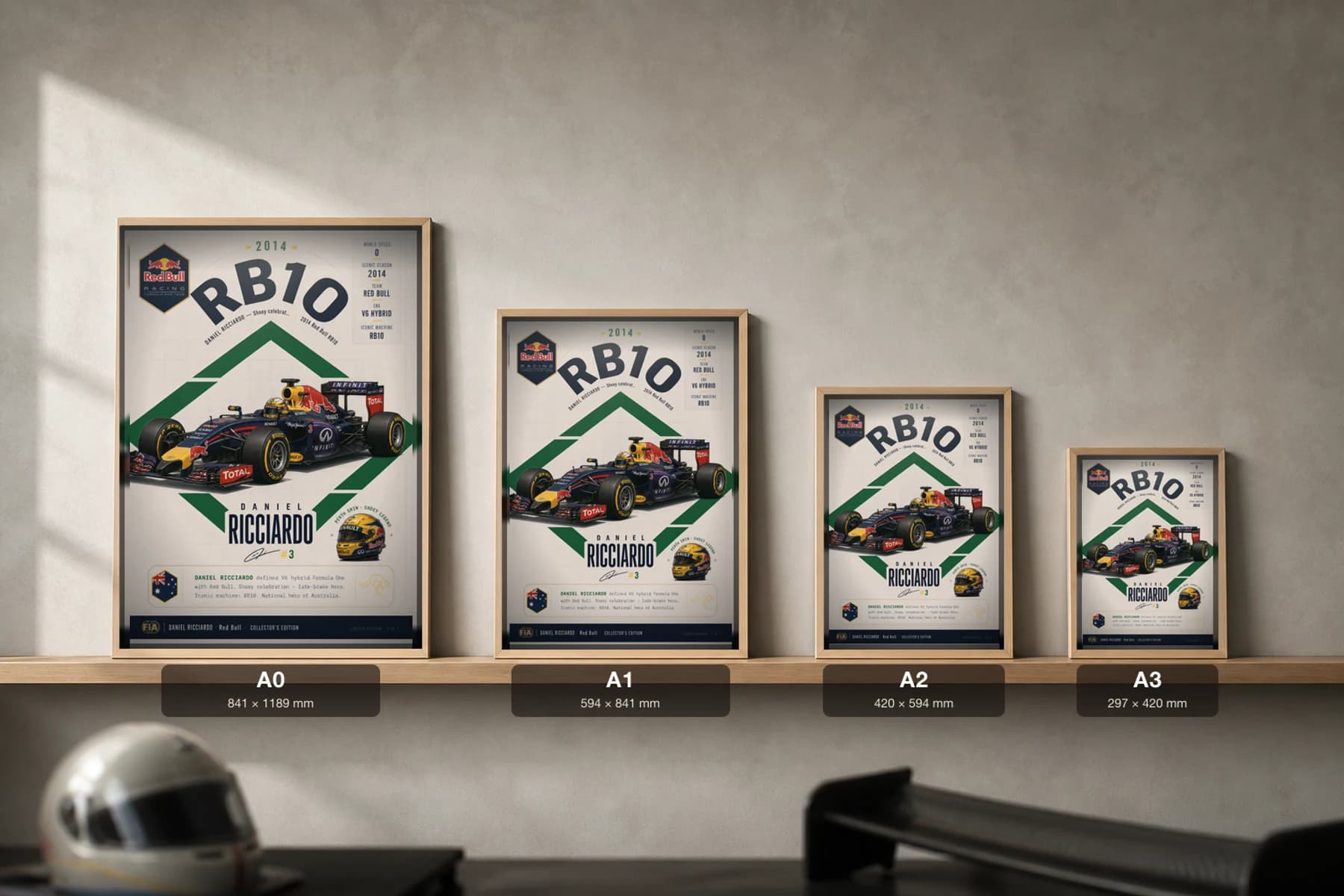 Daniel Ricciardo Poster — 2014 Red Bull RB10 V6 Hybrid F1 Heritage Collector Print — print size guide showing the artwork at A0, A1, A2 and A3 in natural-oak frames at true relative scale