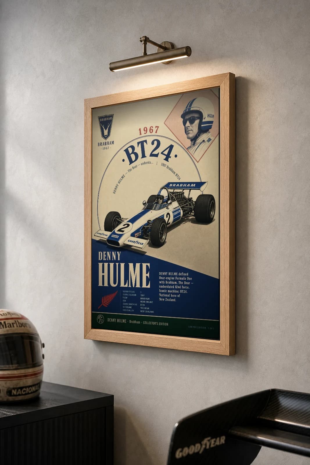 Denny Hulme Poster — 1967 Brabham BT24 Rear-Engine F1 Heritage Collector Print — the framed print shown at a three-quarter angle on a styled gallery wall in a natural-oak frame