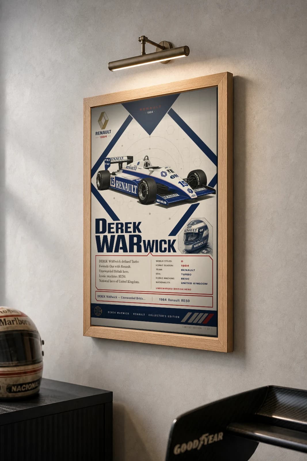 Derek Warwick Poster — 1984 Renault RE50 Turbo F1 Heritage Collector Print — the framed print shown at a three-quarter angle on a styled gallery wall in a natural-oak frame