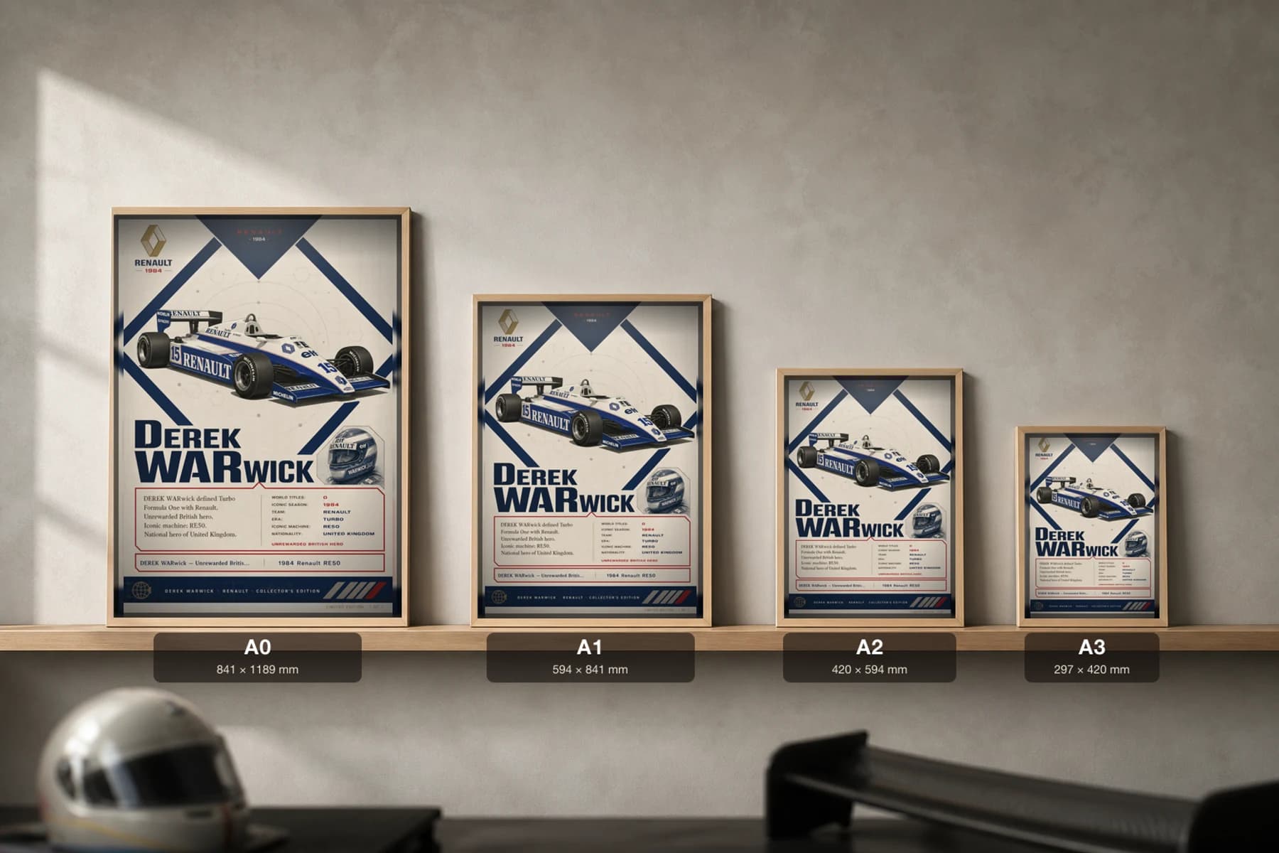 Derek Warwick Poster — 1984 Renault RE50 Turbo F1 Heritage Collector Print — print size guide showing the artwork at A0, A1, A2 and A3 in natural-oak frames at true relative scale