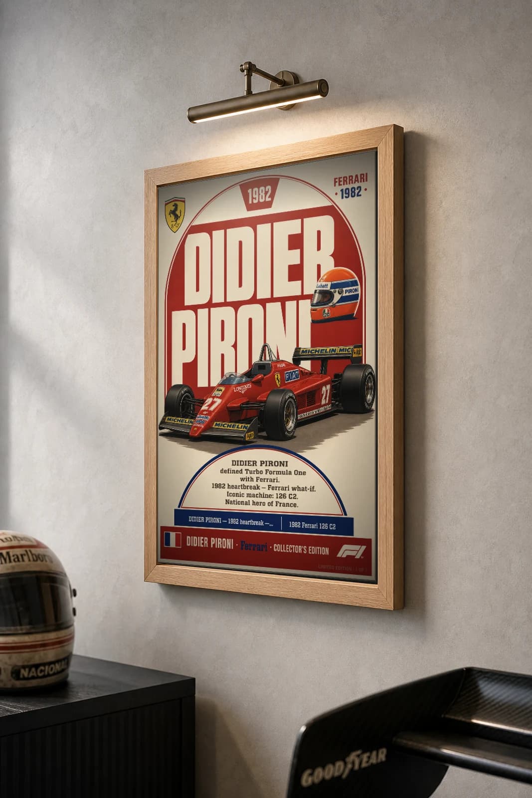 Didier Pironi Poster — 1982 Ferrari 126 C2 Turbo F1 Heritage Collector Print — the framed print shown at a three-quarter angle on a styled gallery wall in a natural-oak frame