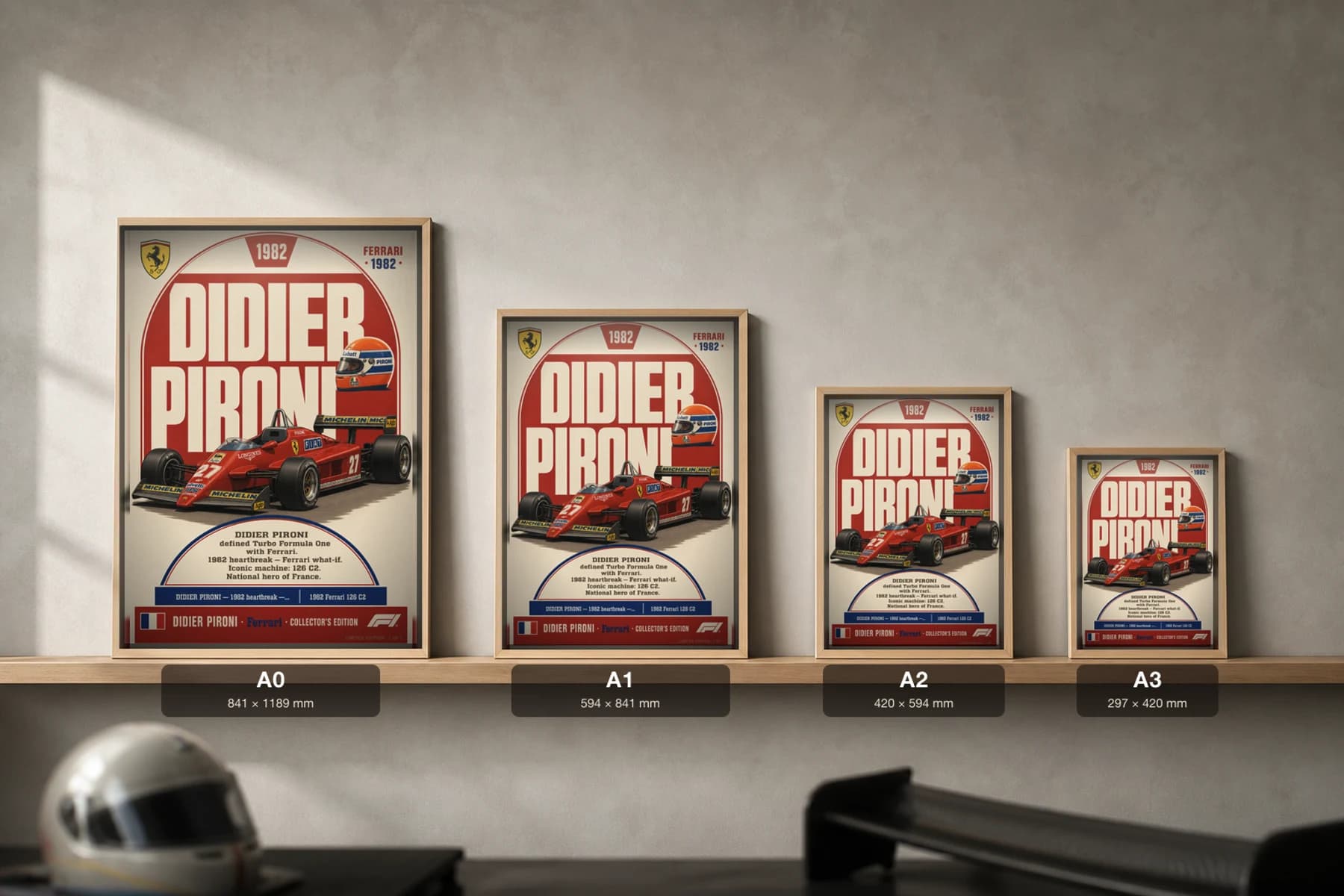 Didier Pironi Poster — 1982 Ferrari 126 C2 Turbo F1 Heritage Collector Print — print size guide showing the artwork at A0, A1, A2 and A3 in natural-oak frames at true relative scale