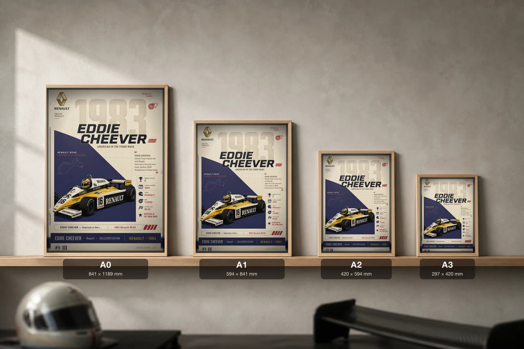 Eddie Cheever Poster — 1983 Renault RE40 Turbo F1 Heritage Collector Print — print size guide showing the artwork at A0, A1, A2 and A3 in natural-oak frames at true relative scale