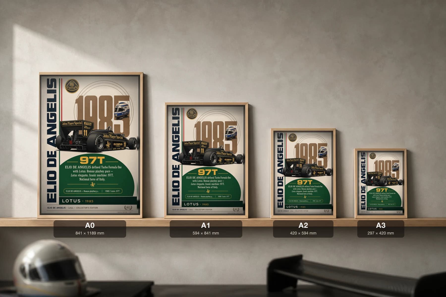 Elio de Angelis Poster — 1985 Lotus 97T Turbo F1 Heritage Collector Print — print size guide showing the artwork at A0, A1, A2 and A3 in natural-oak frames at true relative scale