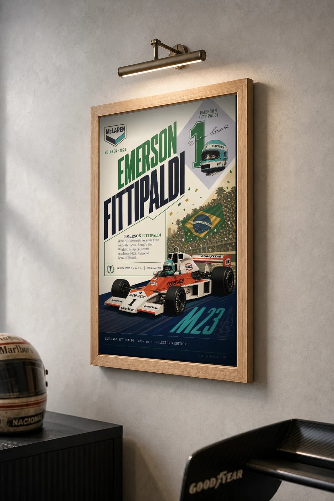 Emerson Fittipaldi Poster — 1974 McLaren M23 Cosworth F1 Heritage Collector Print — the framed print shown at a three-quarter angle on a styled gallery wall in a natural-oak frame