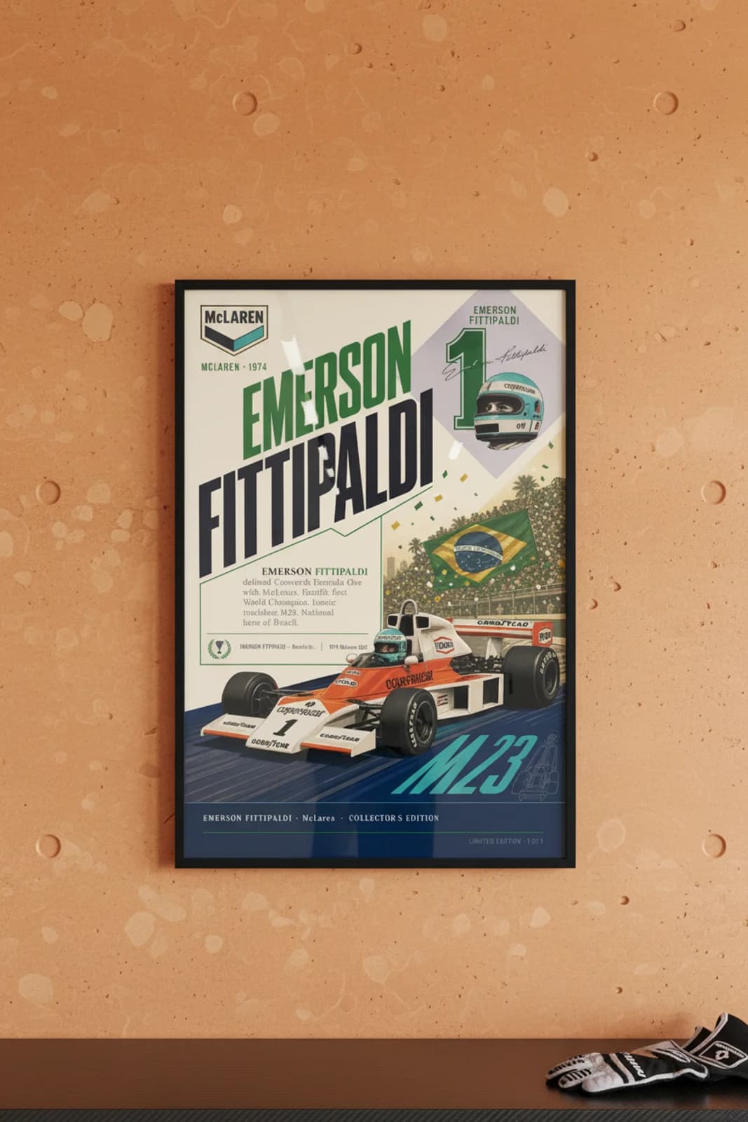 Emerson Fittipaldi poster in black A2 frame on mclaren-papaya-orange polished concrete wall — F1 heritage collector mockup