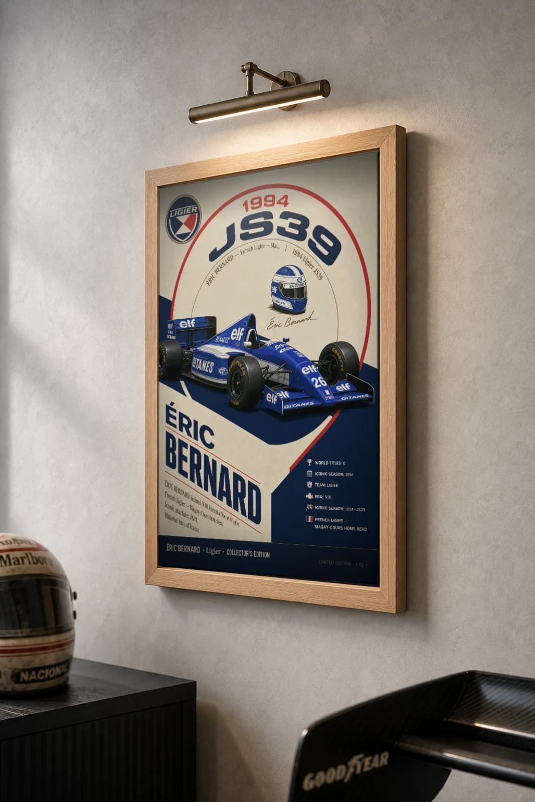 Éric Bernard Poster — 1994 Ligier JS39 V10 F1 Heritage Collector Print — the framed print shown at a three-quarter angle on a styled gallery wall in a natural-oak frame