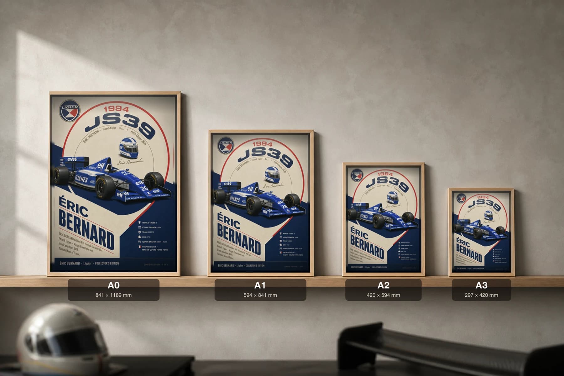 Éric Bernard Poster — 1994 Ligier JS39 V10 F1 Heritage Collector Print — print size guide showing the artwork at A0, A1, A2 and A3 in natural-oak frames at true relative scale