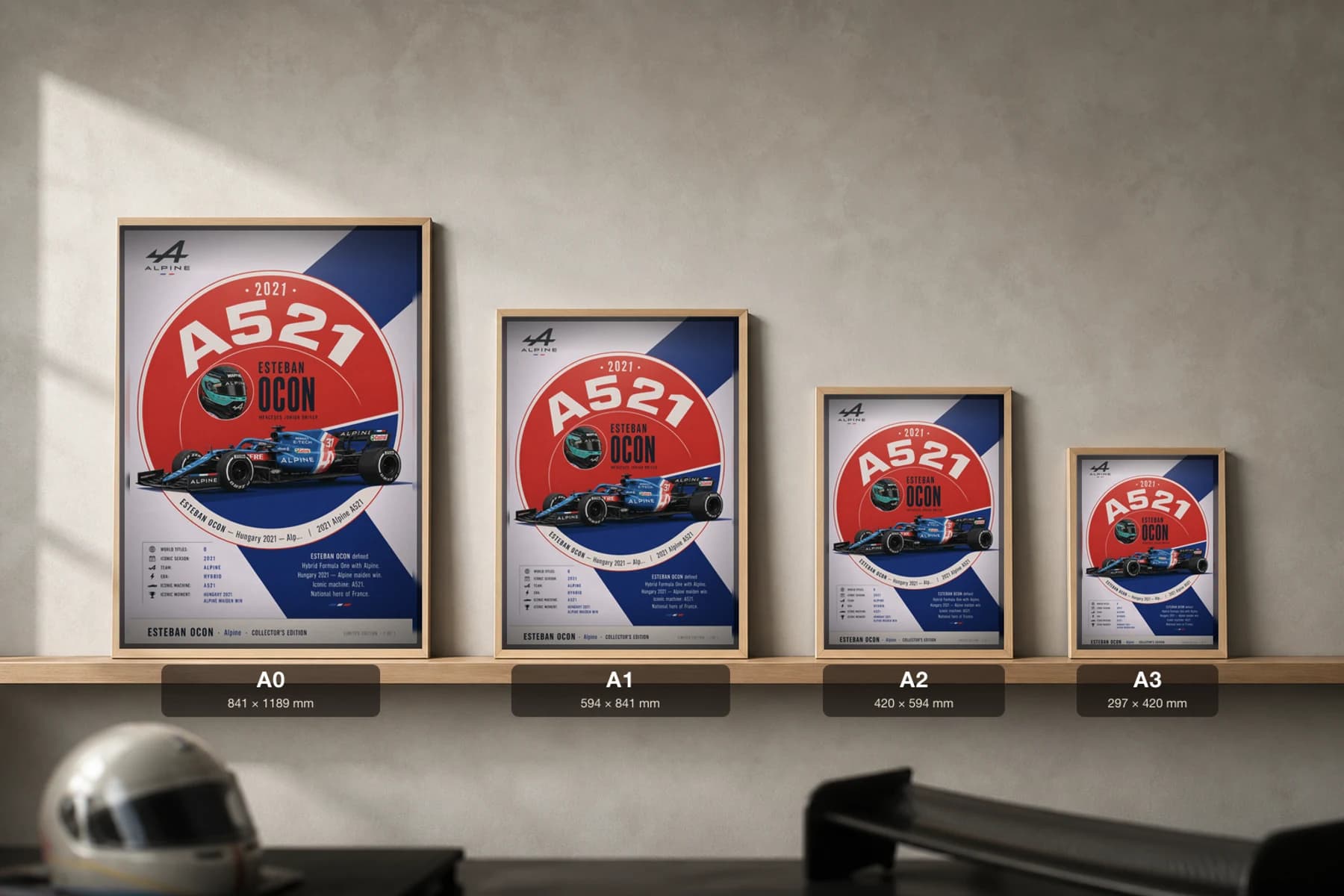 Esteban Ocon Poster — 2021 Alpine A521 Hybrid F1 Heritage Collector Print — print size guide showing the artwork at A0, A1, A2 and A3 in natural-oak frames at true relative scale