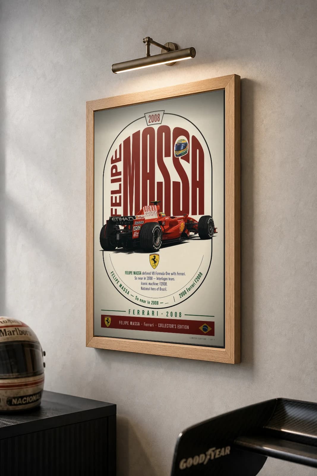 Felipe Massa Poster — 2008 Ferrari F2008 V8 F1 Heritage Collector Print — the framed print shown at a three-quarter angle on a styled gallery wall in a natural-oak frame