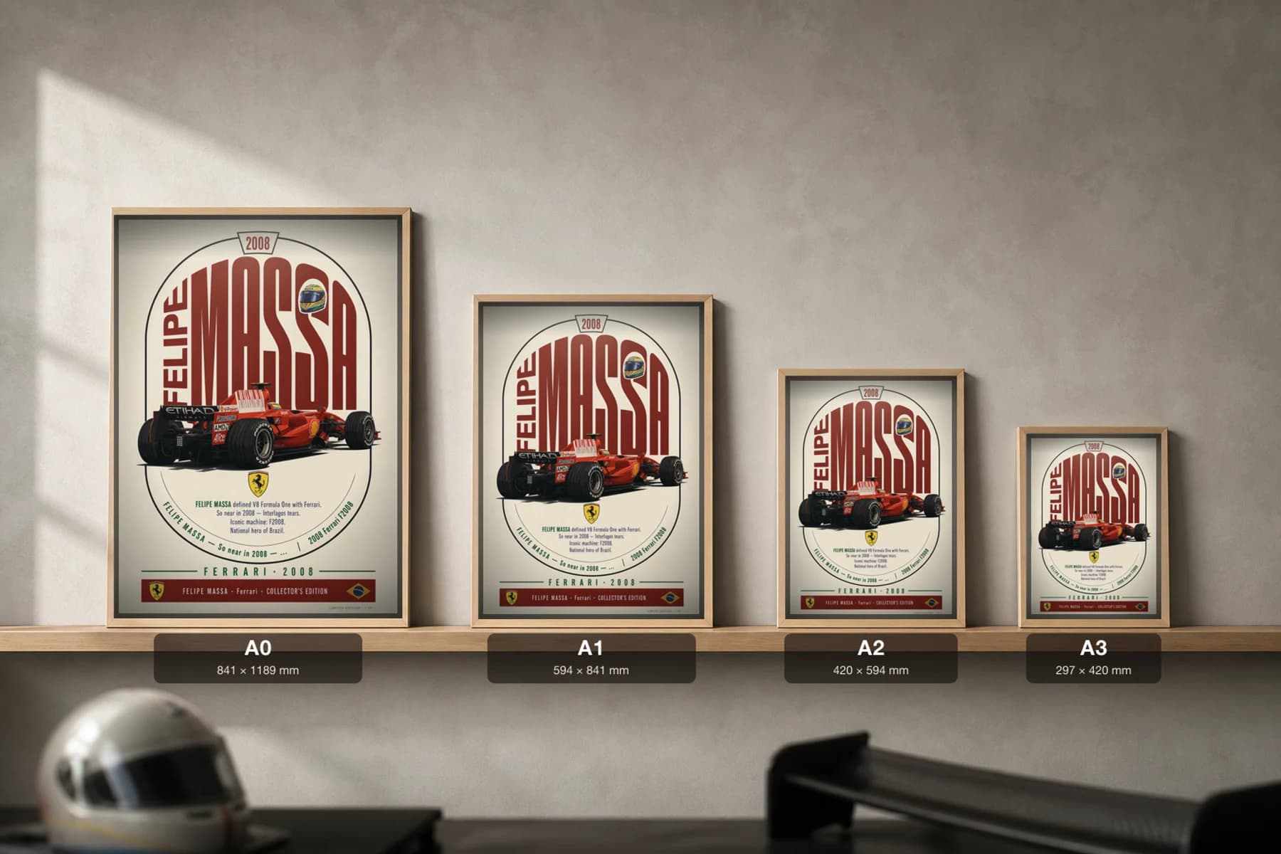 Felipe Massa Poster — 2008 Ferrari F2008 V8 F1 Heritage Collector Print — print size guide showing the artwork at A0, A1, A2 and A3 in natural-oak frames at true relative scale
