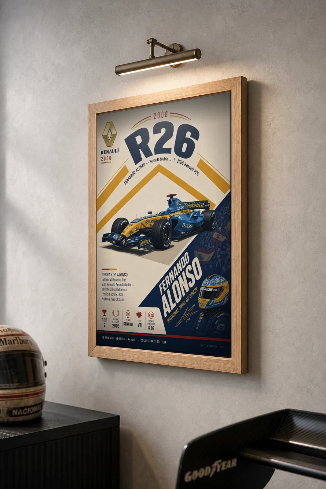 Fernando Alonso Poster — 2006 Renault R26 V8 F1 Heritage Collector Print — the framed print shown at a three-quarter angle on a styled gallery wall in a natural-oak frame