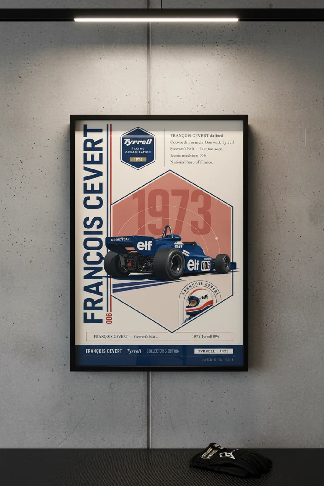 François Cevert poster in black A2 frame on tyrrell-elf-blue polished concrete wall — F1 heritage collector mockup