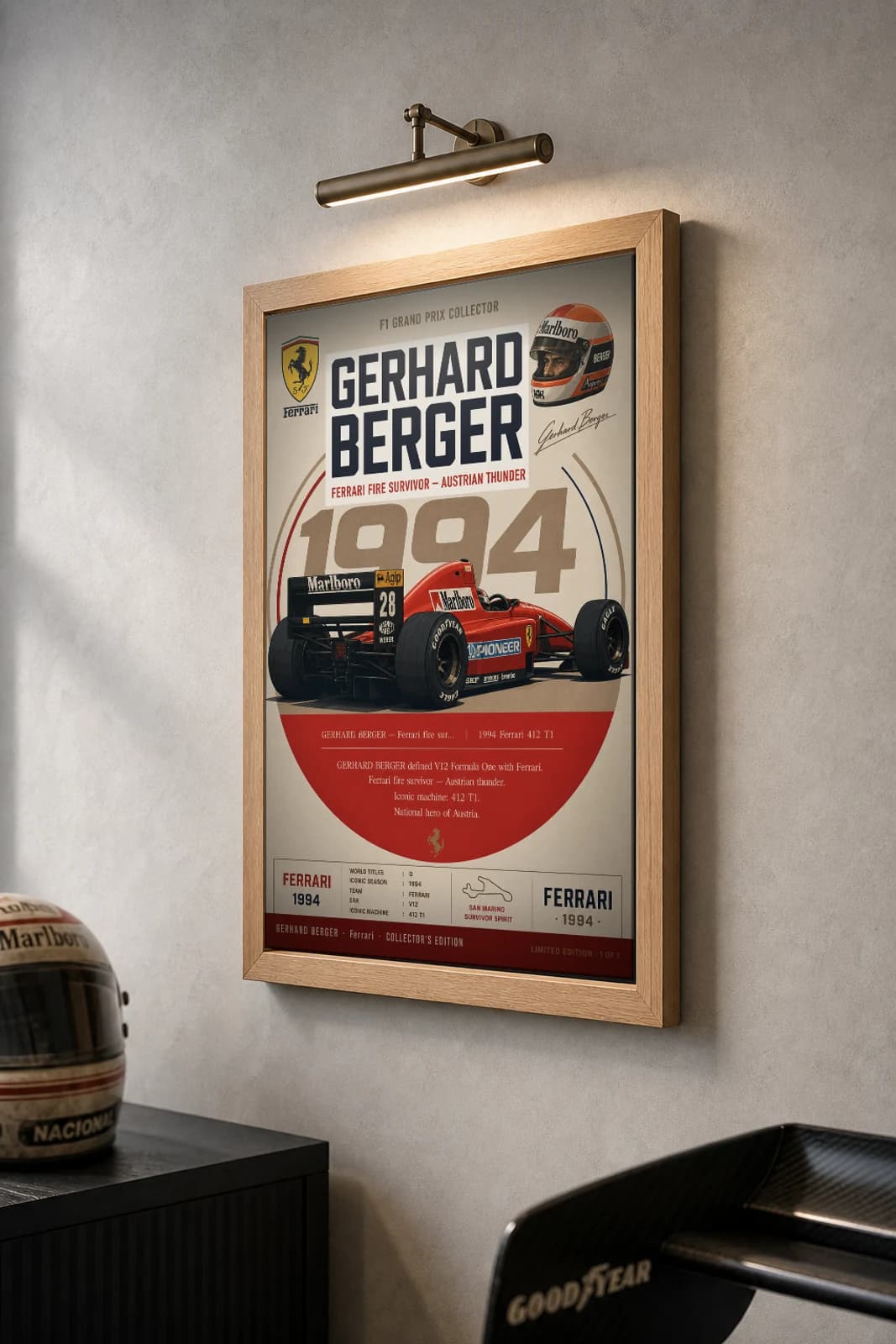 Gerhard Berger Poster — 1994 Ferrari 412 T1 V12 F1 Heritage Collector Print — the framed print shown at a three-quarter angle on a styled gallery wall in a natural-oak frame