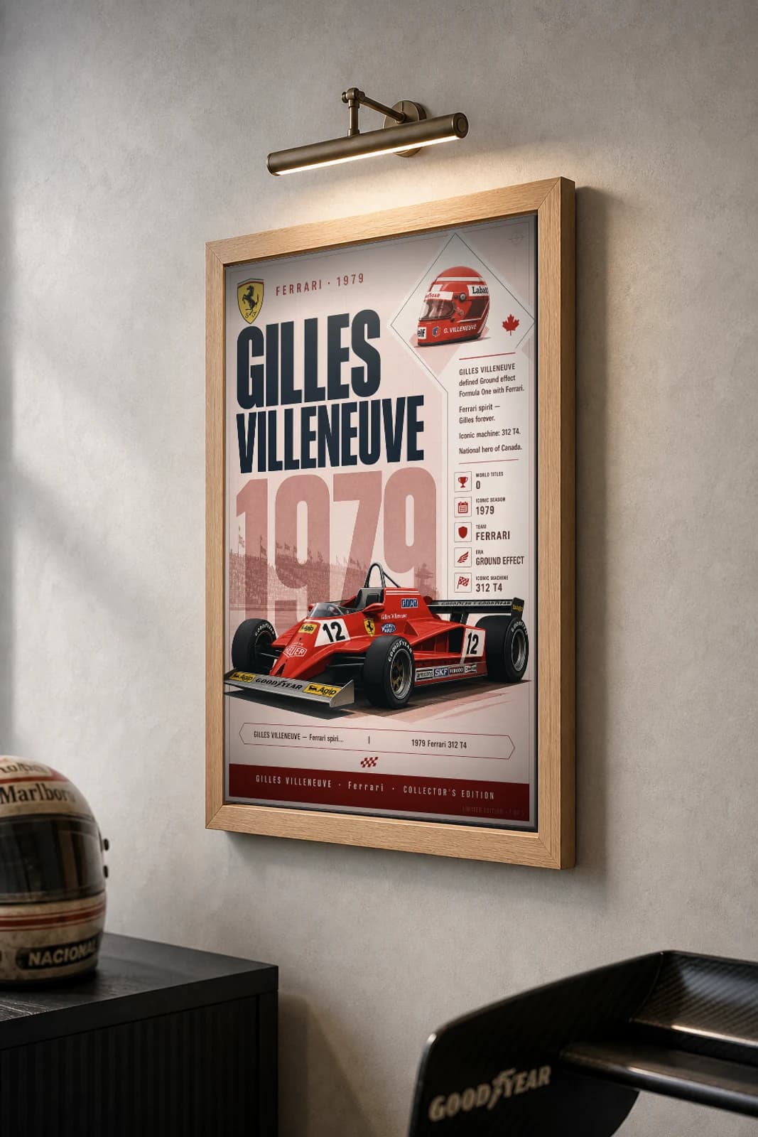 Gilles Villeneuve Poster — 1979 Ferrari 312 T4 Ground Effect F1 Heritage Collector Print — the framed print shown at a three-quarter angle on a styled gallery wall in a natural-oak frame