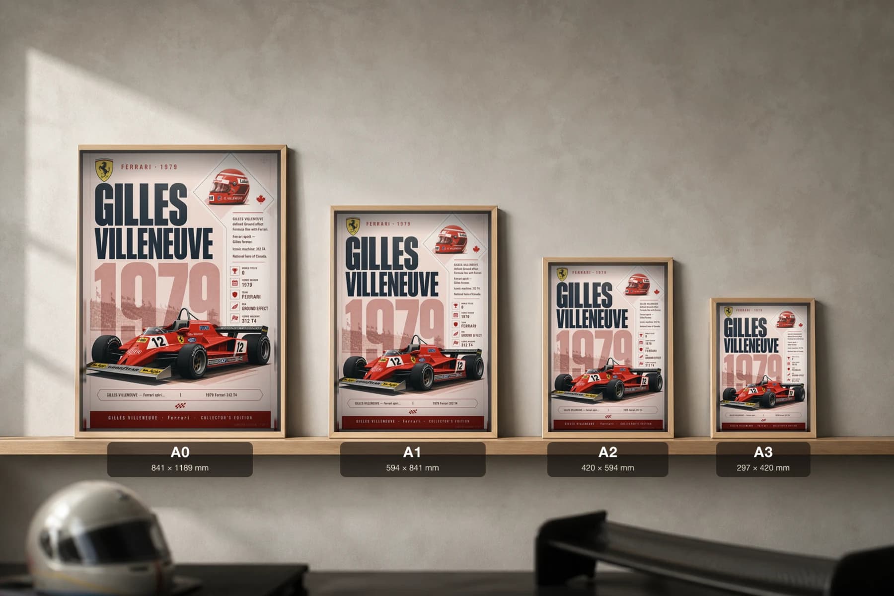 Gilles Villeneuve Poster — 1979 Ferrari 312 T4 Ground Effect F1 Heritage Collector Print — print size guide showing the artwork at A0, A1, A2 and A3 in natural-oak frames at true relative scale