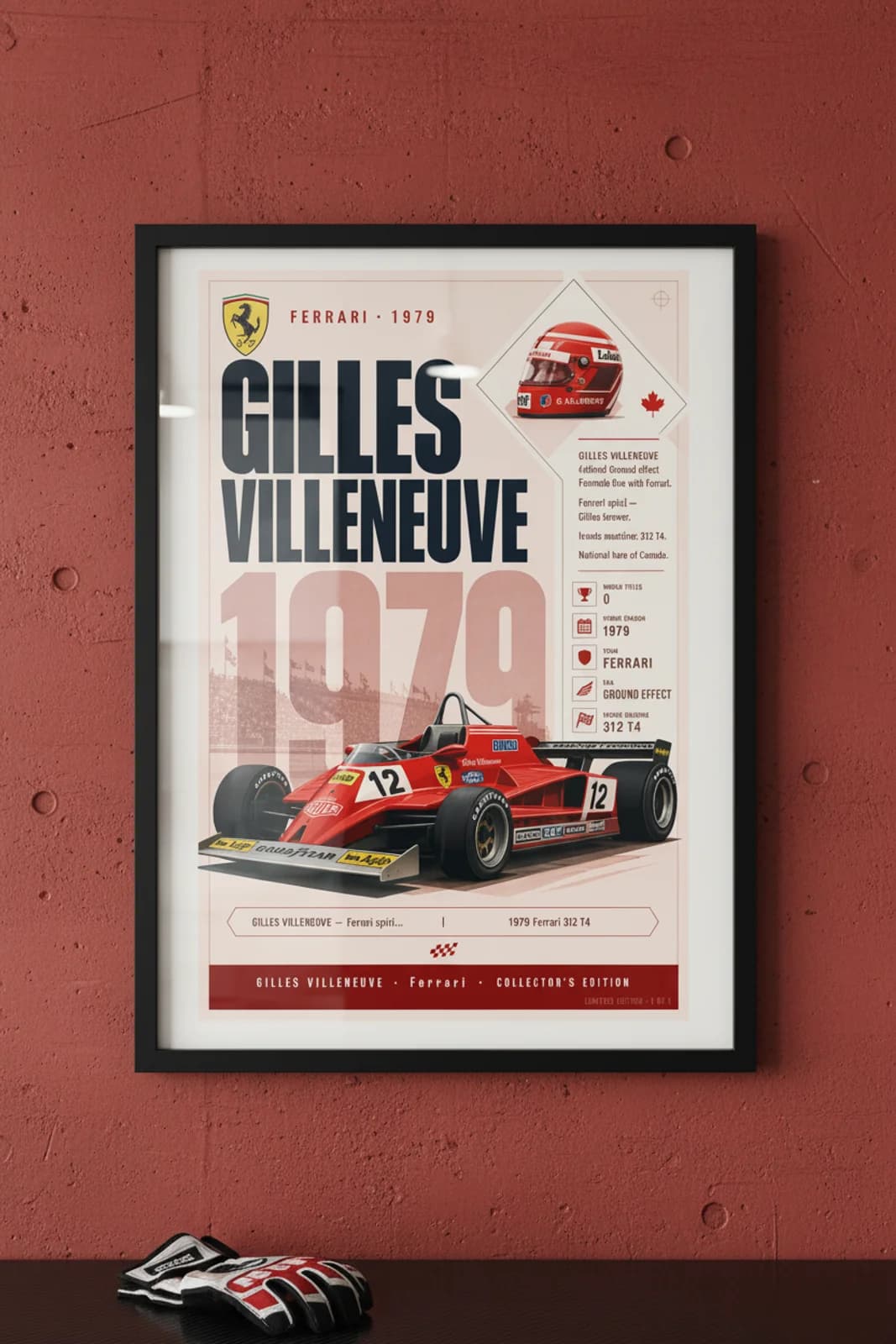 Gilles Villeneuve poster in black A2 frame on rosso-corsa-red polished concrete wall — F1 heritage collector mockup