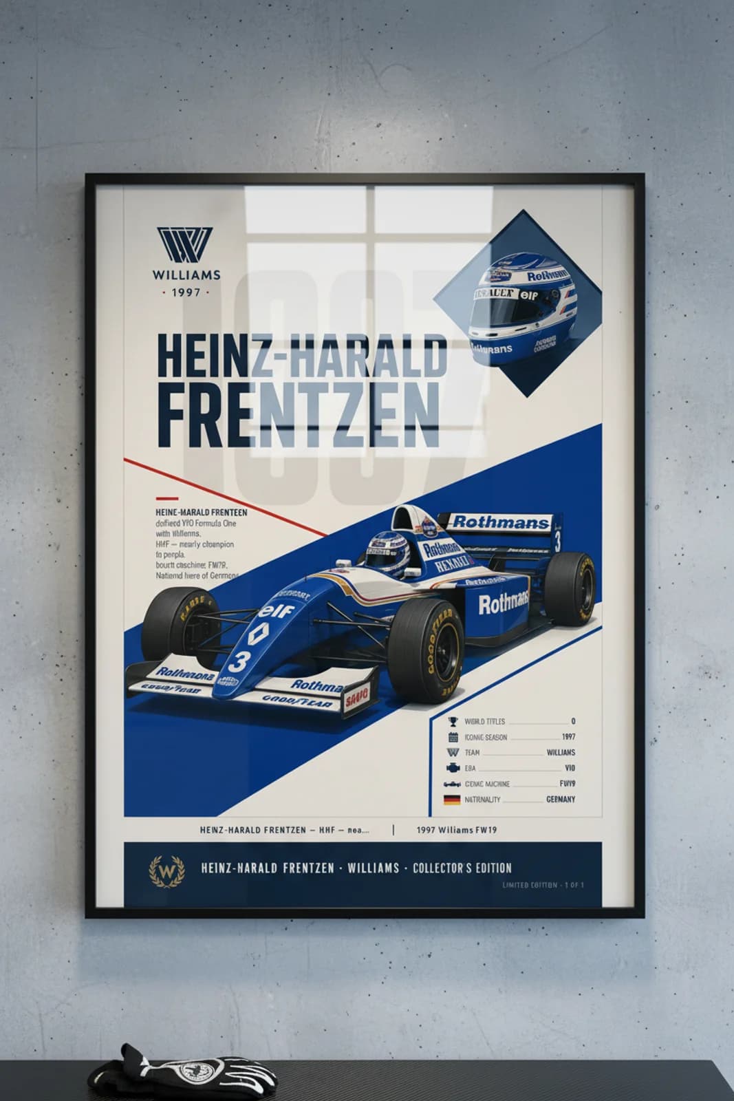 Heinz-Harald Frentzen poster in black A2 frame on rothmans-blue-white-gold polished concrete wall — F1 heritage collector mockup