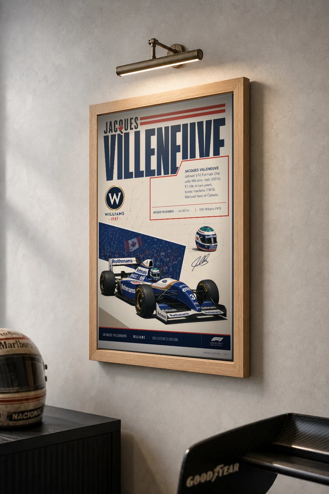 Jacques Villeneuve Poster — 1997 Williams FW19 V10 F1 Heritage Collector Print — the framed print shown at a three-quarter angle on a styled gallery wall in a natural-oak frame