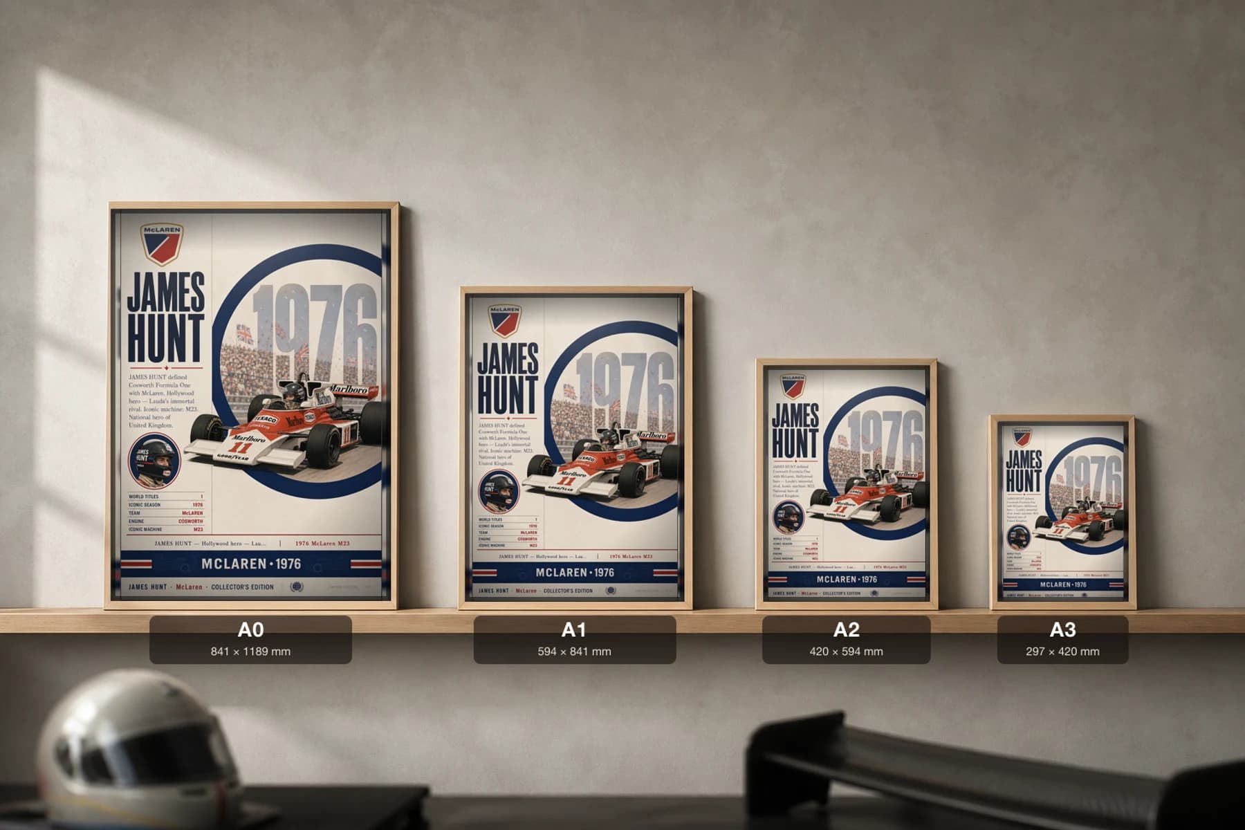 James Hunt Poster — 1976 McLaren M23 Rush Rivalry F1 Heritage Collector Print — print size guide showing the artwork at A0, A1, A2 and A3 in natural-oak frames at true relative scale