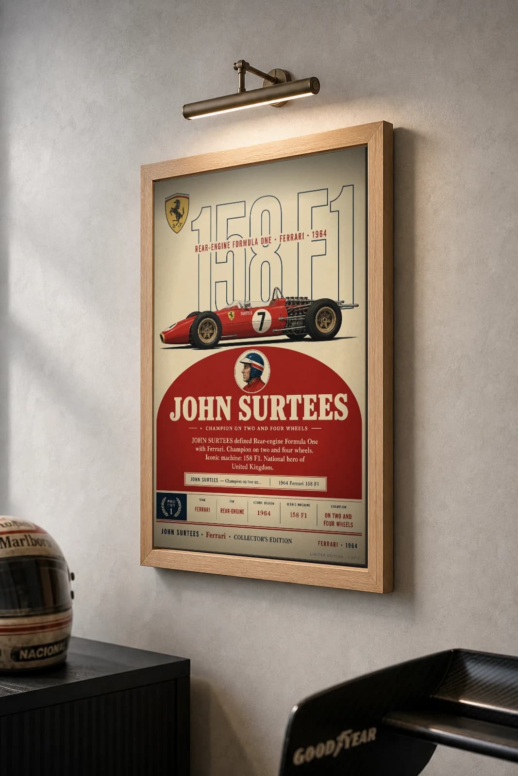 John Surtees Poster — 1964 Ferrari 158 F1 Two-and-Four-Wheel Heritage Collector Print — the framed print shown at a three-quarter angle on a styled gallery wall in a natural-oak frame