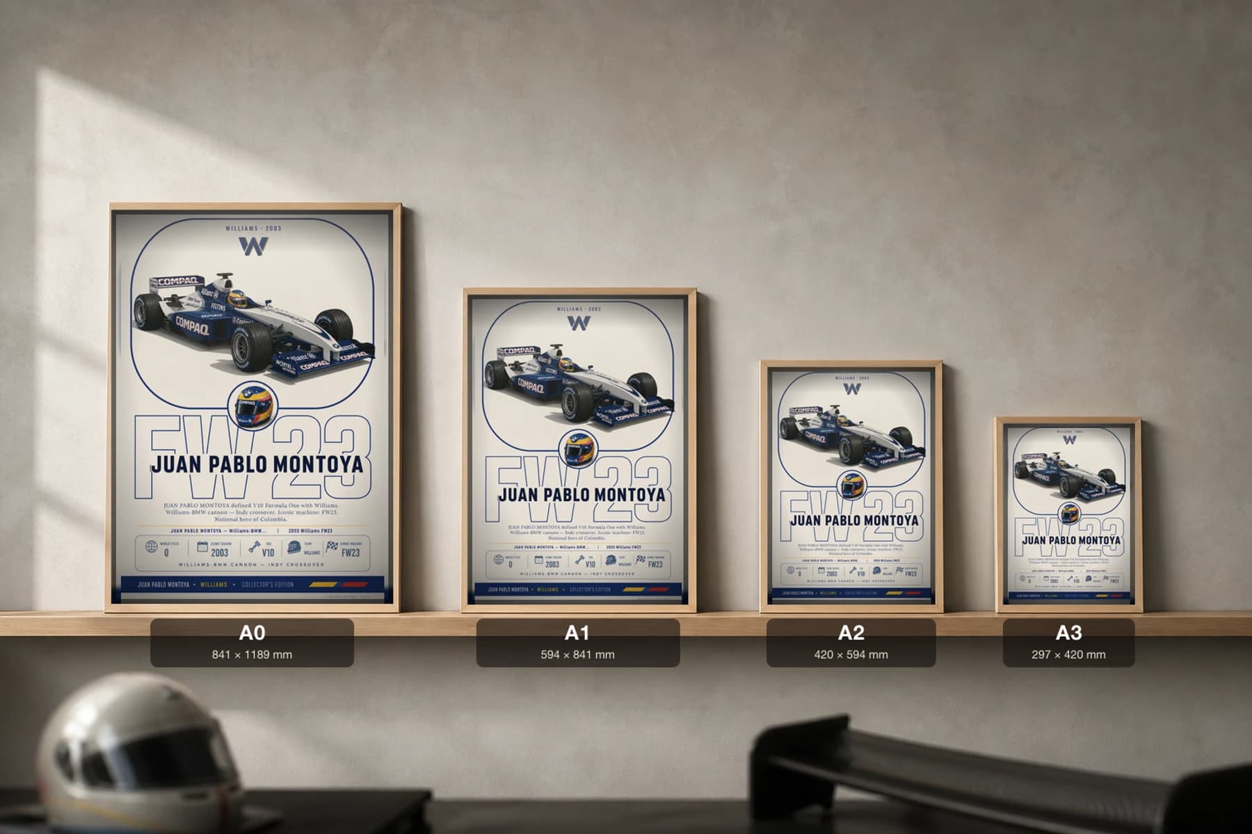 Juan Pablo Montoya Poster — 2003 Williams FW23 V10 F1 Heritage Collector Print — print size guide showing the artwork at A0, A1, A2 and A3 in natural-oak frames at true relative scale
