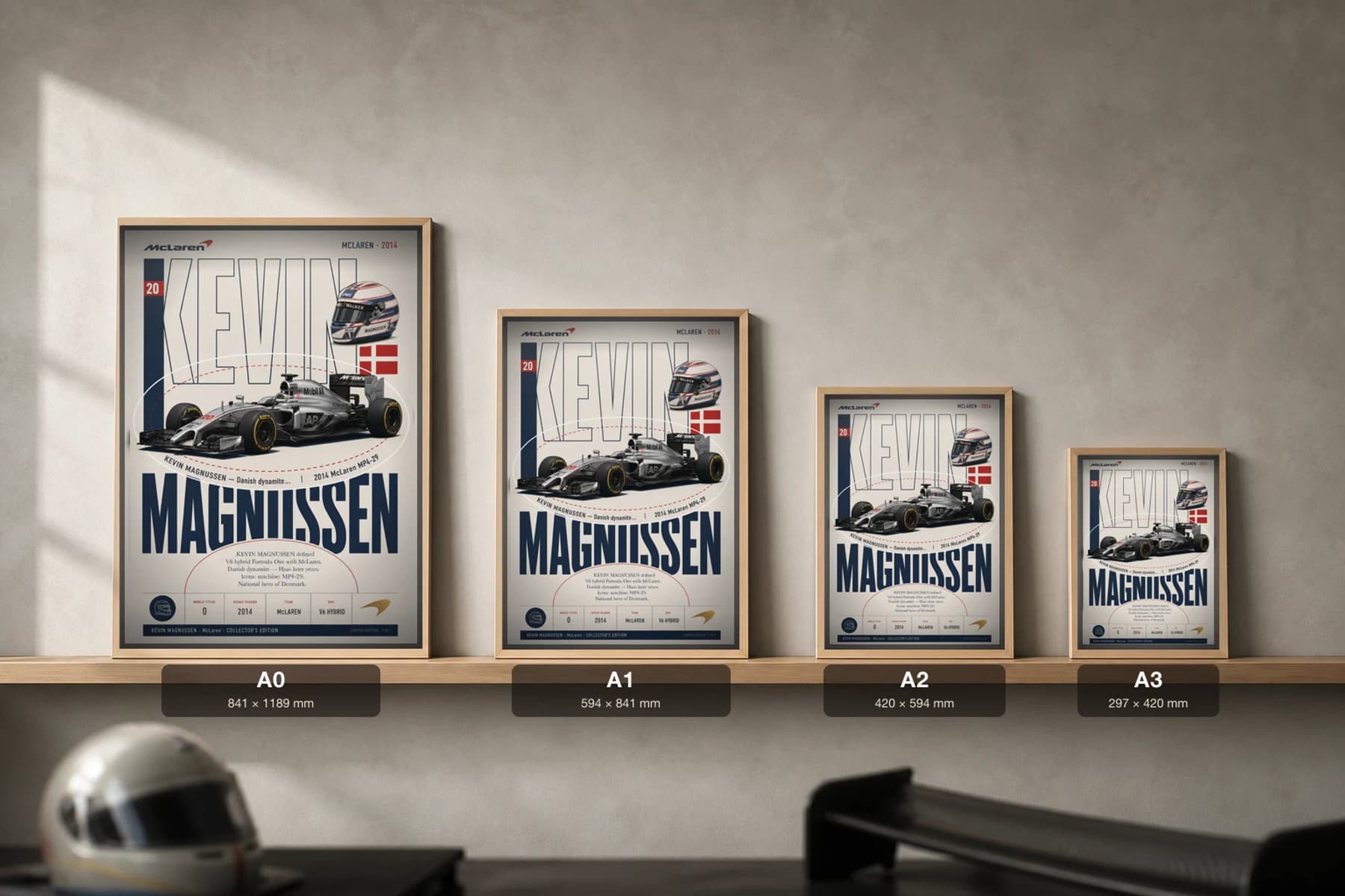 Kevin Magnussen Poster — 2014 McLaren MP4-29 V6 Hybrid F1 Heritage Collector Print — print size guide showing the artwork at A0, A1, A2 and A3 in natural-oak frames at true relative scale