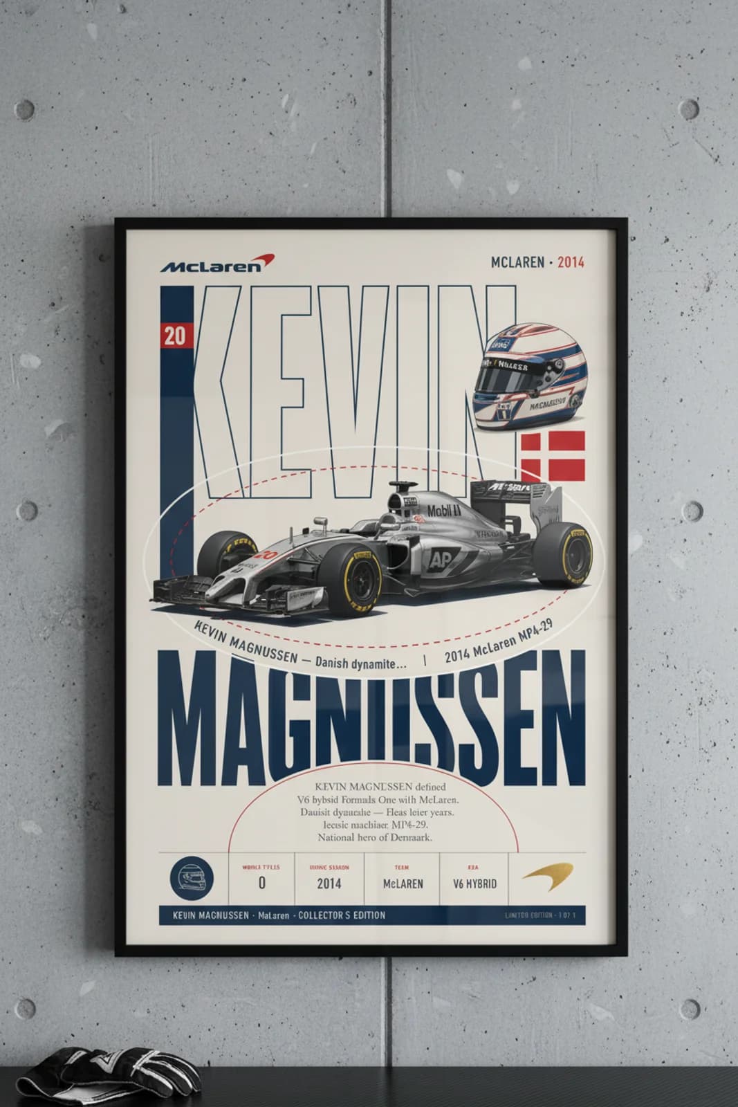 Kevin Magnussen poster in black A2 frame on monumental-navy-type polished concrete wall — F1 heritage collector mockup