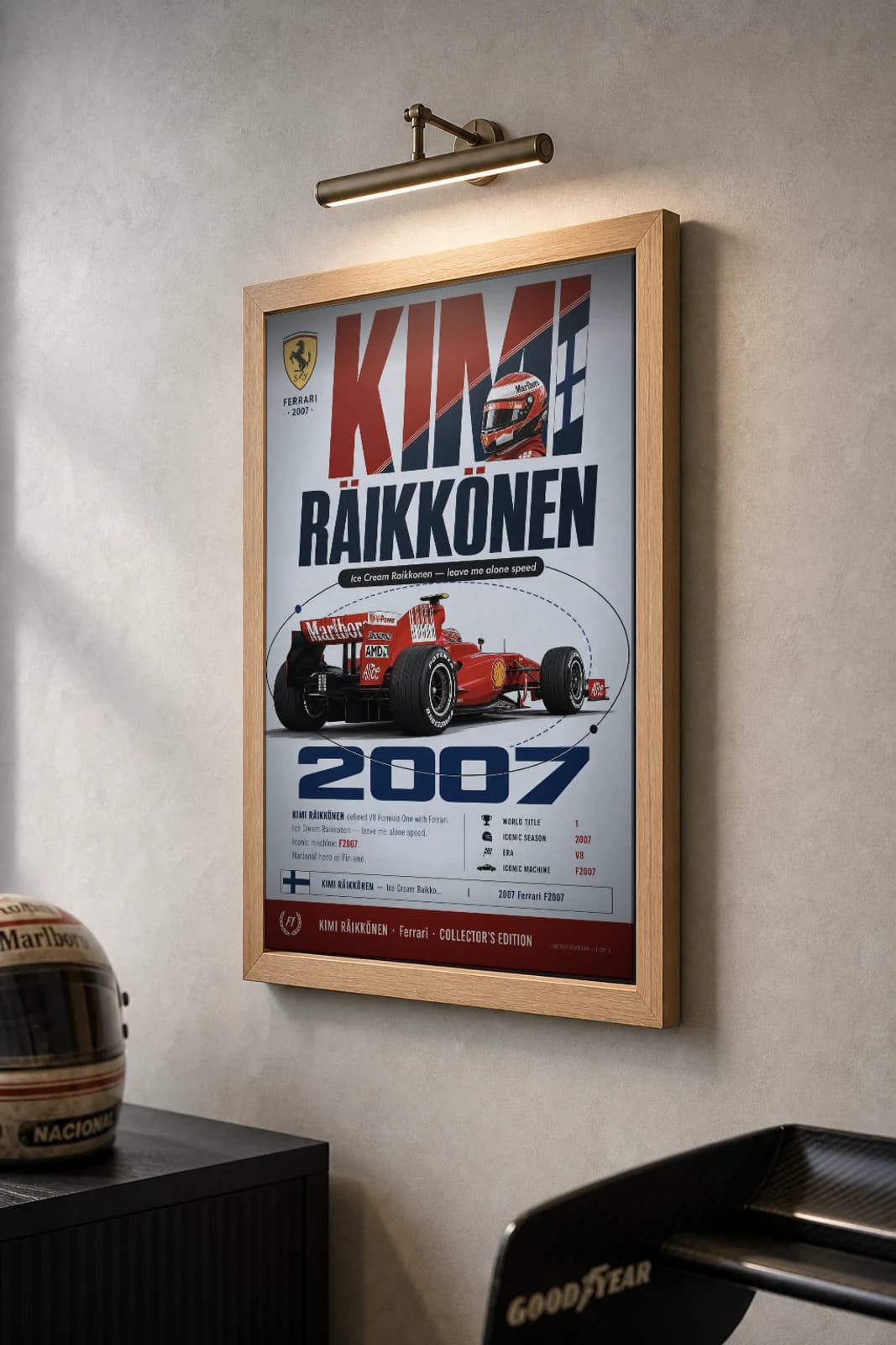 Kimi Räikkönen Poster — 2007 Ferrari F2007 V8 F1 Heritage Collector Print — the framed print shown at a three-quarter angle on a styled gallery wall in a natural-oak frame